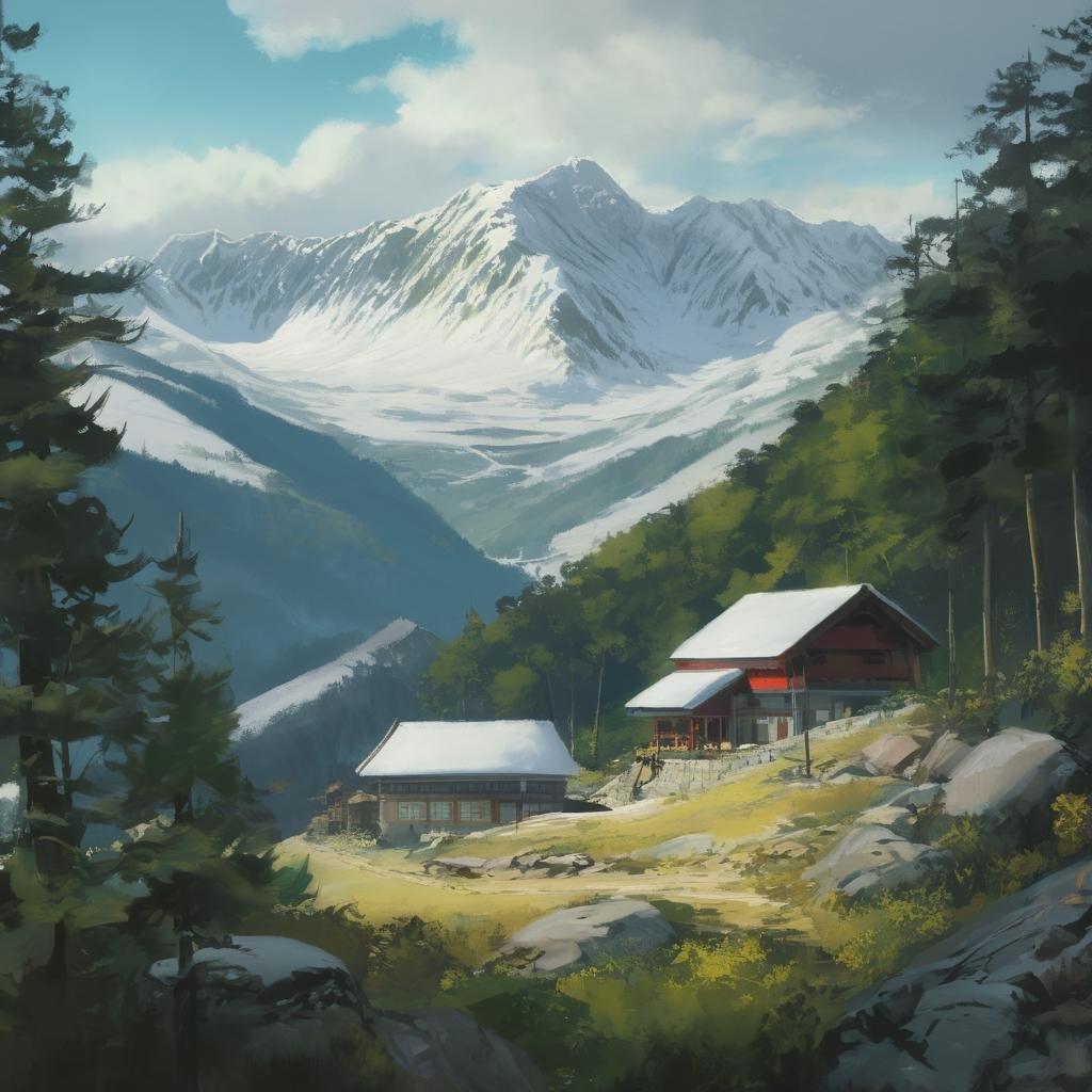 A big mountain scenario, snow mountain, StdGBRedmAF <lora:StudioGhibliRedmond-StdGBRedmAF:1>