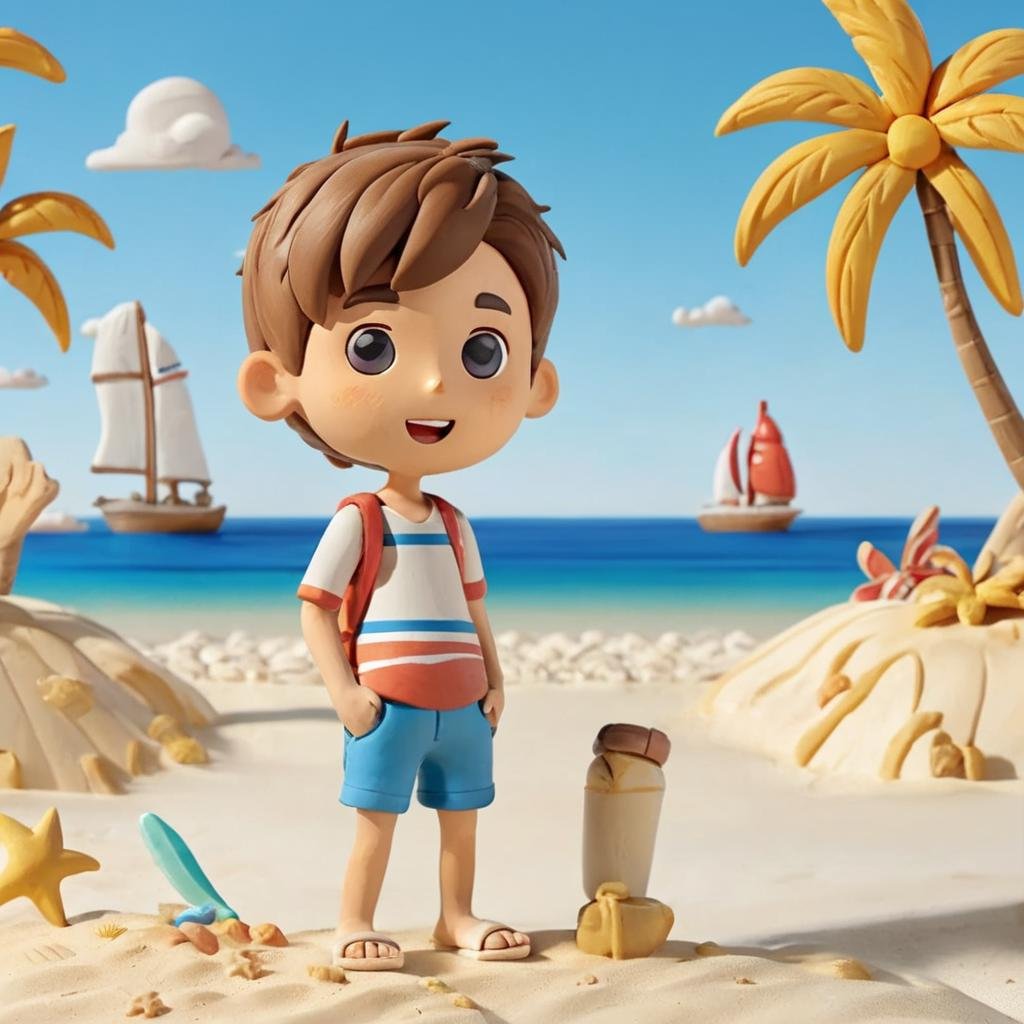 Boy wearing shorts in front of a beach,,Clay Animation, Clay, <lora:ClayAnimationPash:1>