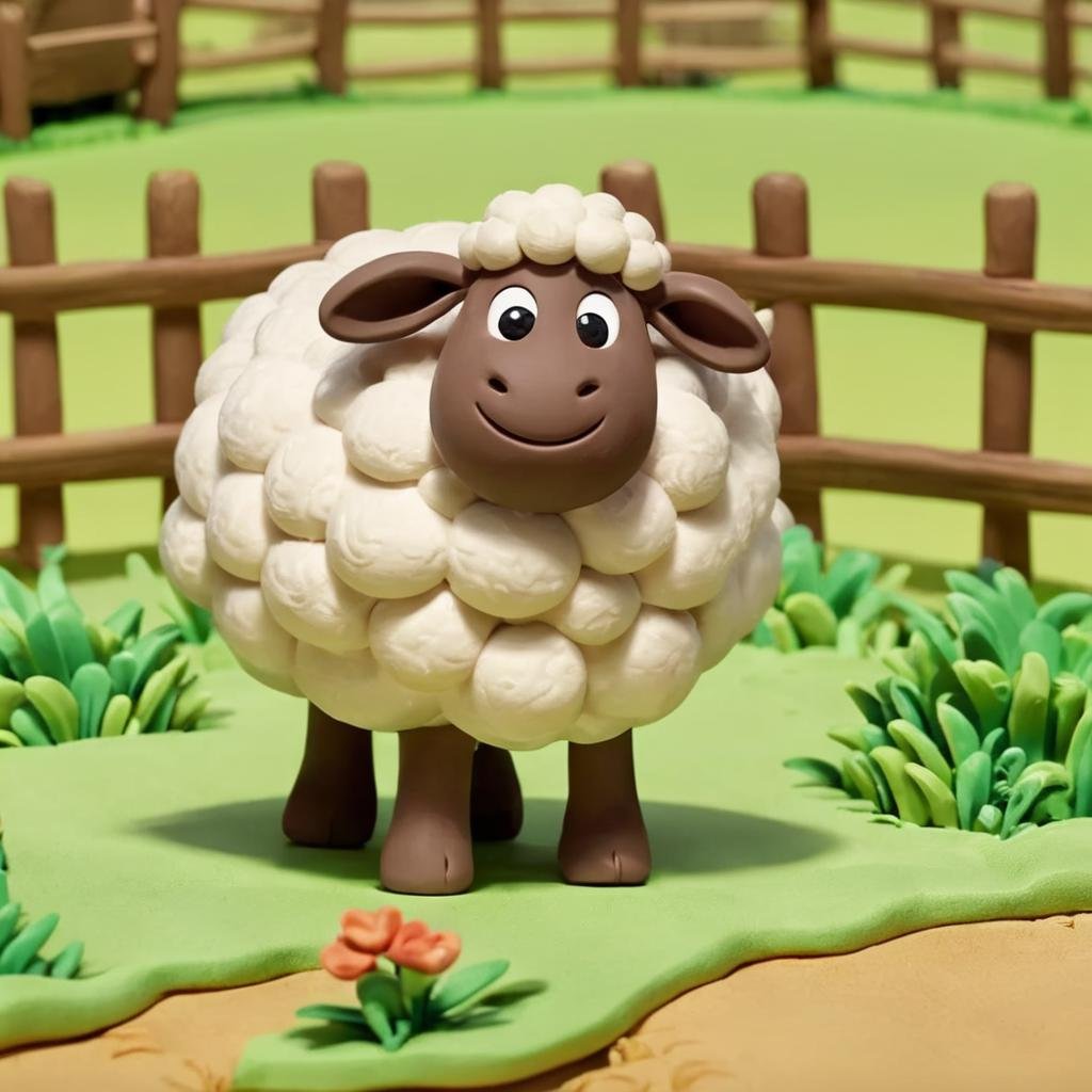 A sheep in a farm,,Clay Animation, Clay, <lora:ClayAnimationPash:1>