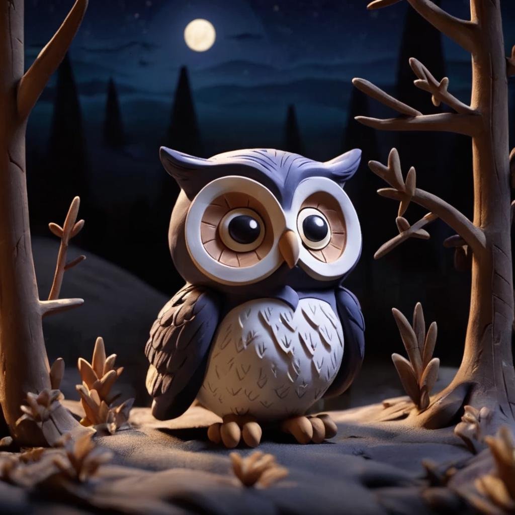 A owl in a dark night, dark scene,,Clay Animation, Clay, <lora:ClayAnimationPash:1>