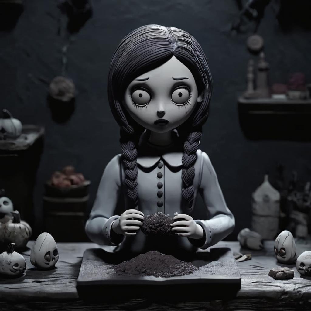 A horror girl, dark scene, horror movie, creepy, detailed, ,Clay Animation, Clay, <lora:ClayAnimationPash:1>