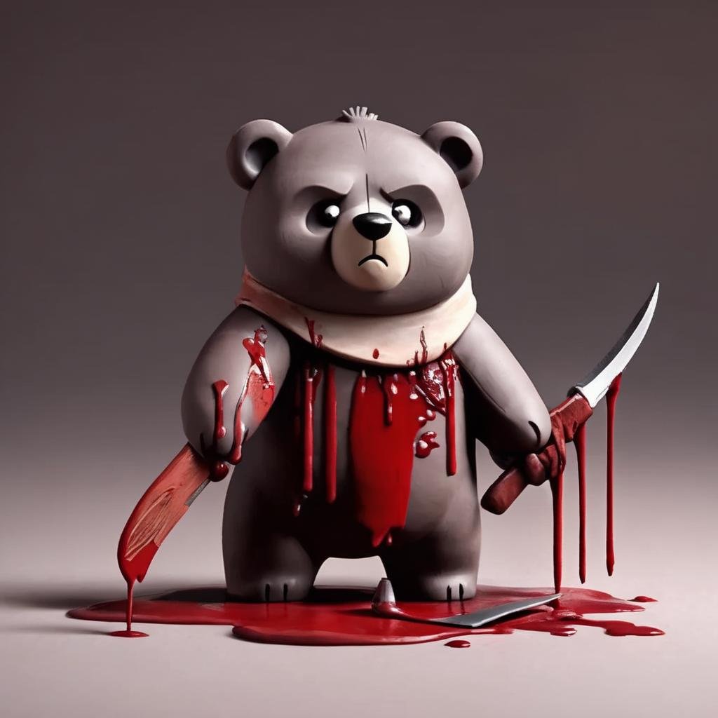 A bear with blood, dark scene, creppy, killer, assassin,Clay Animation, Clay, <lora:ClayAnimationPash:1>