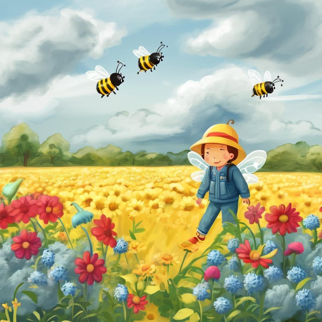 Busy Bee, Cloudy Weather, Flower Field Landscape, Summer Day, Lively Mood , KidsRedmAF, <lora:StorybookUnboundRedmond-KidsRedmAF:1>