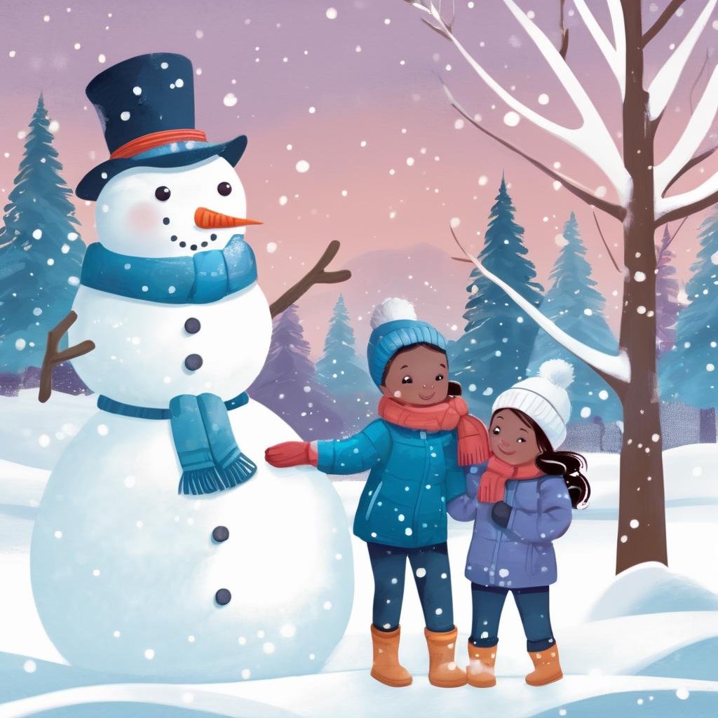 Winter Children's Book Illustration, Cool Color Palette, Snowman Family, Snowfall, Winter Wonderland Landscape, Twilight, Festive Mood, KidsRedmAF, <lora:StorybookUnboundRedmond-KidsRedmAF:1>