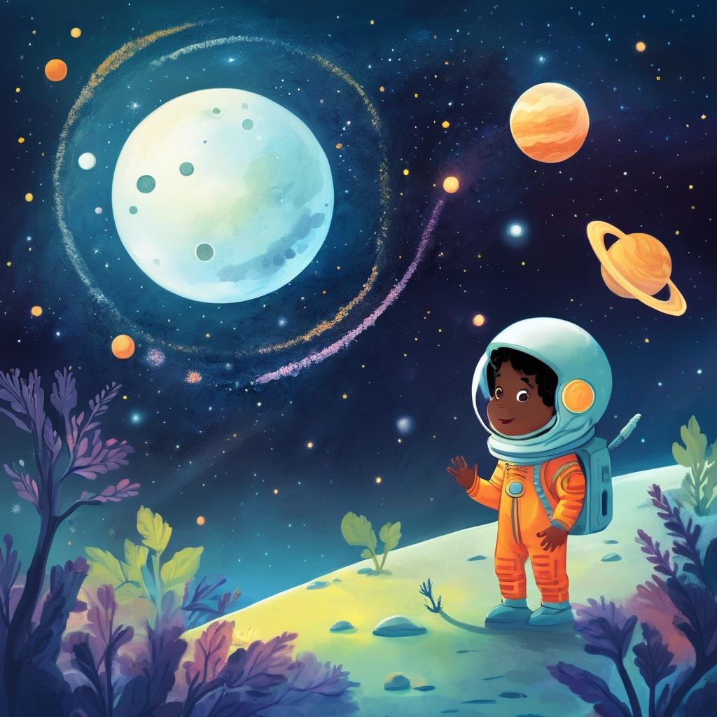 Space Children's Book Illustration, Galactic Color Palette, Friendly Alien, Meteor Shower, Outer Space Landscape, Cosmic Night, Wonder-filled Mood, KidsRedmAF, <lora:StoryBookRedmond-KidsRedmAF:1>