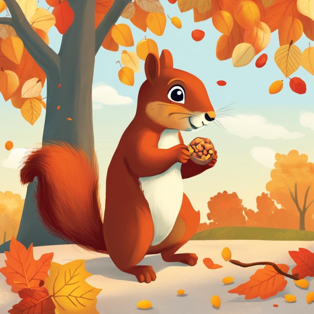 Seasonal Children's Book Illustration, Autumnal Color Palette, Squirrel Gathering Nuts, Crisp Fall Weather, Park Landscape, Autumn Afternoon, Content Mood , KidsRedmAF, <lora:StorybookUnboundRedmond-KidsRedmAF:1>