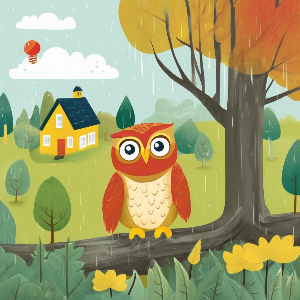 Educational Children's Book Illustration, Primary Color Palette, Wise Owl, Rainy Weather, Schoolyard Landscape, Daytime, Curious Mood, KidsRedmAF, <lora:StorybookUnboundRedmond-KidsRedmAF:1>