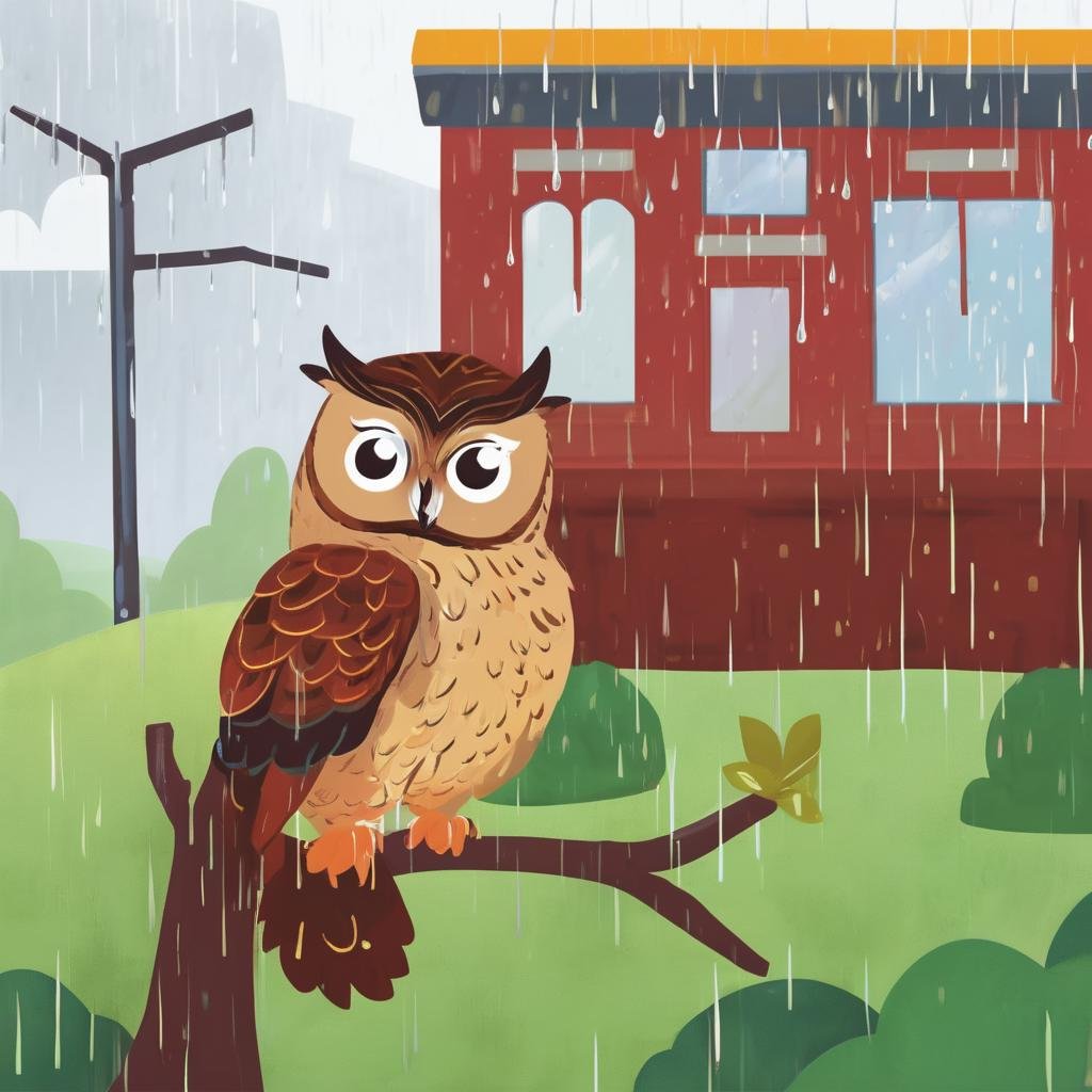 Wise Owl, Rainy Weather, Schoolyard Landscape, Daytime, Curious Mood, KidsRedmAF, <lora:StorybookUnboundRedmond-KidsRedmAF:1>