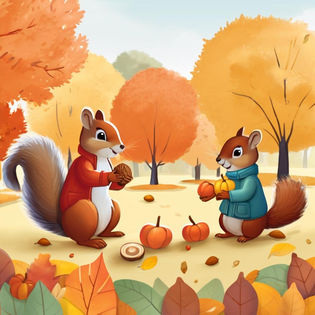 Seasonal Children's Book Illustration, Autumnal Color Palette, Squirrel Gathering Nuts, Crisp Fall Weather, Park Landscape, Autumn Afternoon, Content Mood , KidsRedmAF, <lora:StorybookUnboundRedmond-KidsRedmAF:1>