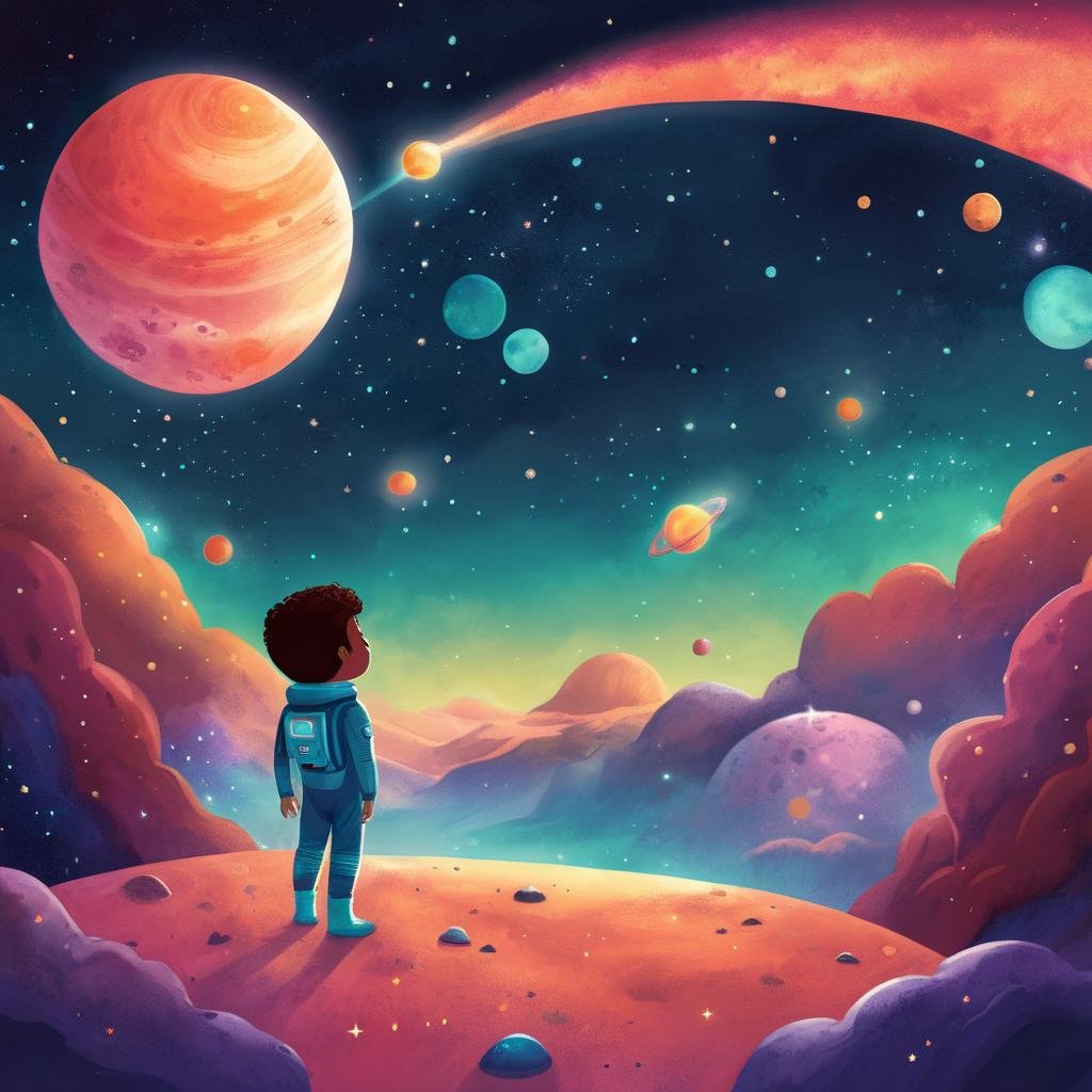 Space Children's Book Illustration, Galactic Color Palette, Friendly Alien, Meteor Shower, Outer Space Landscape, Cosmic Night, Wonder-filled Mood,,Kids Book, KidsRedmAF, <lora:StorybookRedmondV2-KidsBook-KidsRedmAF:1>