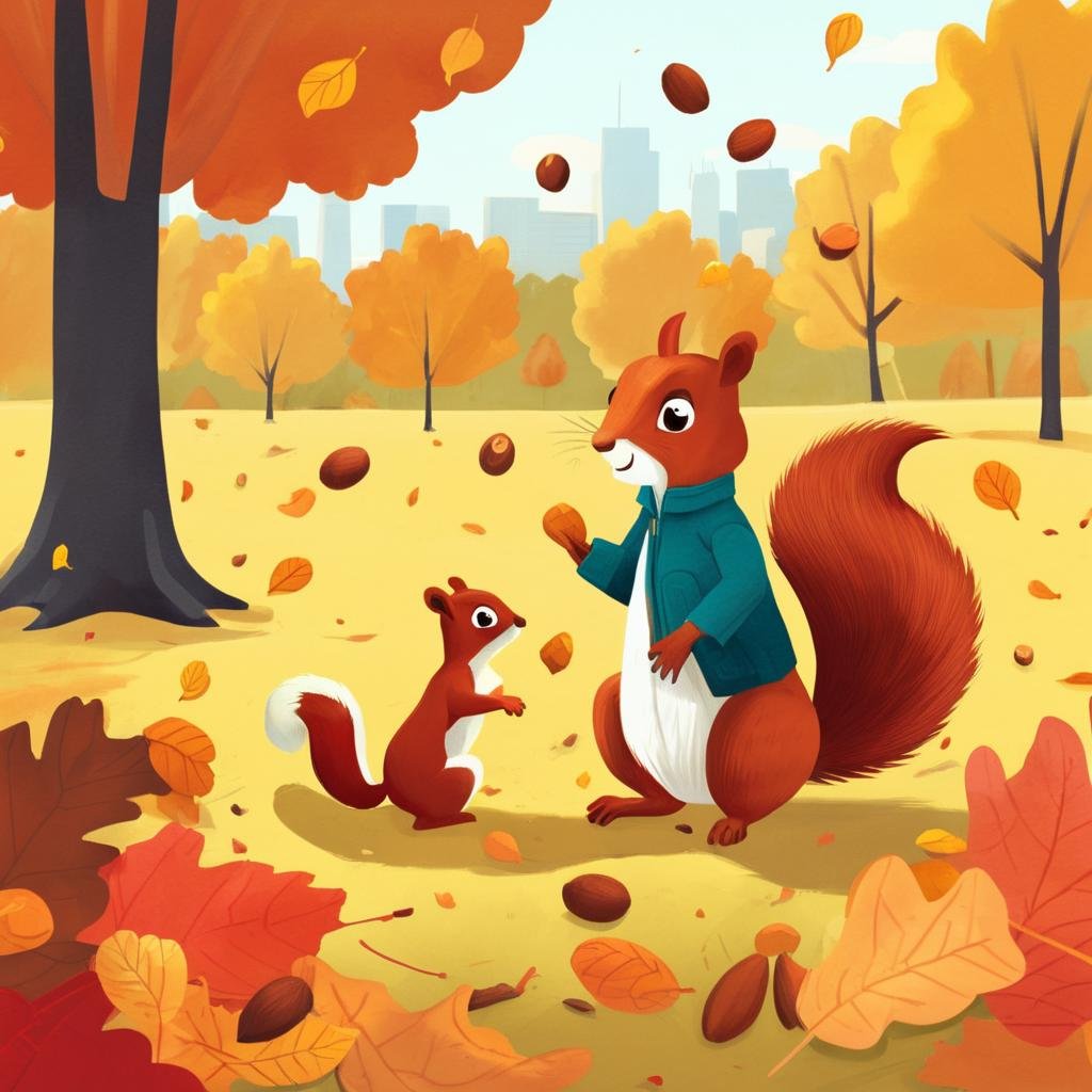 Seasonal Children's Book Illustration, Autumnal Color Palette, Squirrel Gathering Nuts, Crisp Fall Weather, Park Landscape, Autumn Afternoon, Content Mood,Kids Book, KidsRedmAF, <lora:StorybookRedmondV2-KidsBook-KidsRedmAF:1>