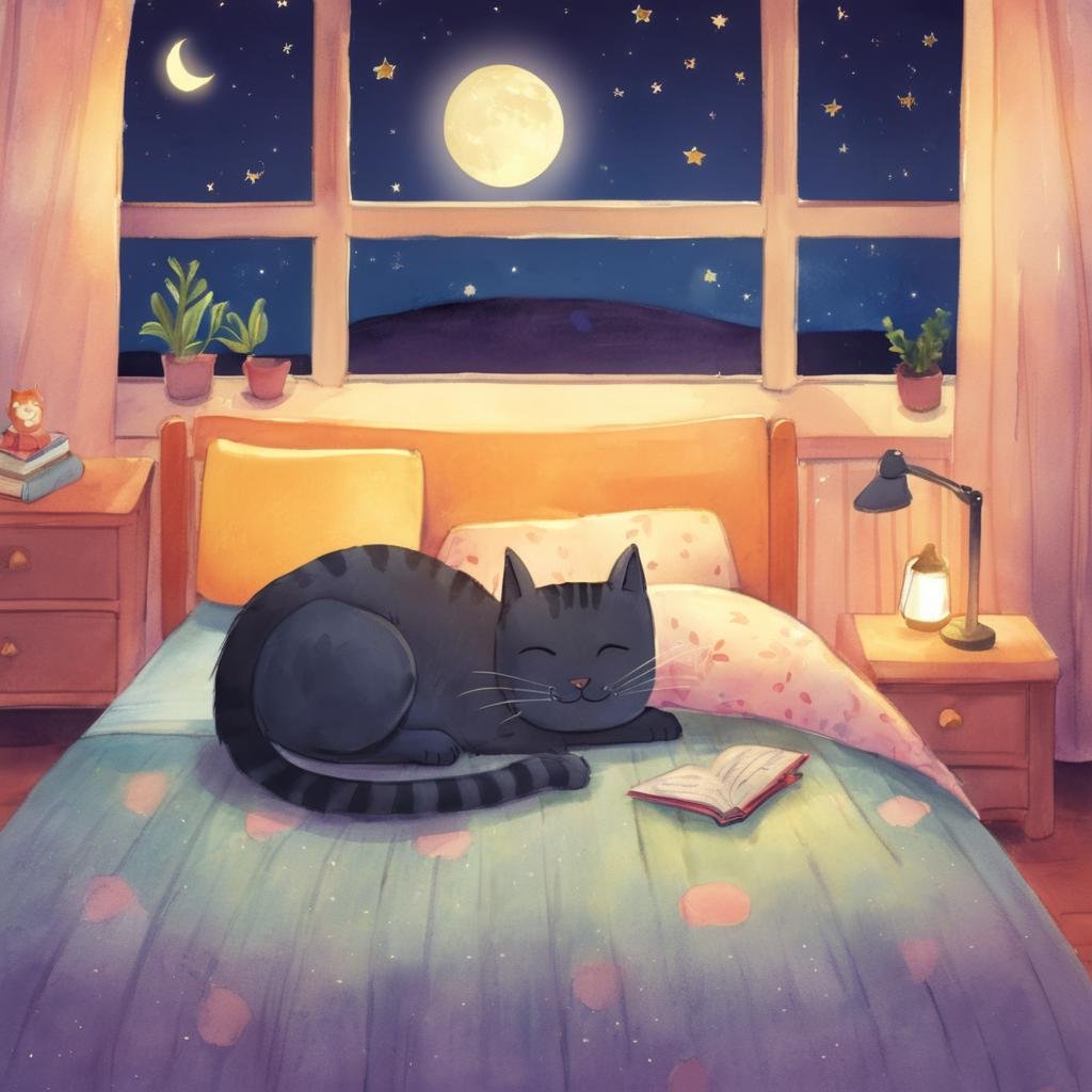 Sleepy Cat, Clear Night, Bedroom Landscape, Bedtime, Relaxing Mood,Kids Book, KidsRedmAF, <lora:StorybookRedmondV2-KidsBook-KidsRedmAF:1>