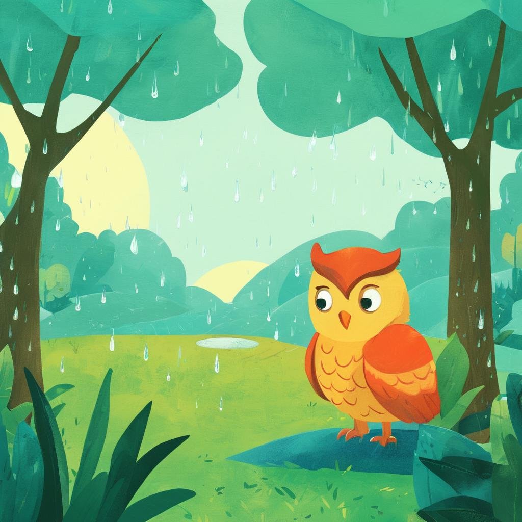 Educational Children's Book Illustration, Primary Color Palette, Wise Owl, Rainy Weather, Schoolyard Landscape, Daytime, Curious Mood,Kids Book, KidsRedmAF, <lora:StorybookRedmondV2-KidsBook-KidsRedmAF:1>