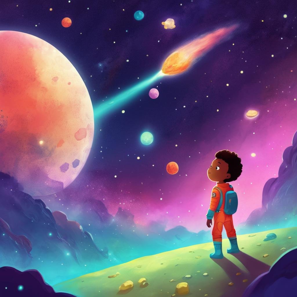 Space Children's Book Illustration, Galactic Color Palette, Friendly Alien, Meteor Shower, Outer Space Landscape, Cosmic Night, Wonder-filled Mood,,Kids Book, KidsRedmAF, <lora:StorybookRedmondV2-KidsBook-KidsRedmAF:1>