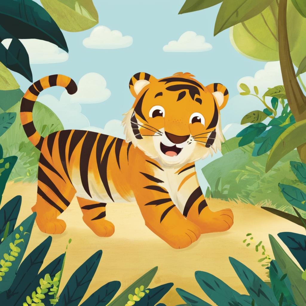 A happy tiger,,Kids Book, KidsRedmAF, <lora:StorybookRedmondV2-KidsBook-KidsRedmAF:1>