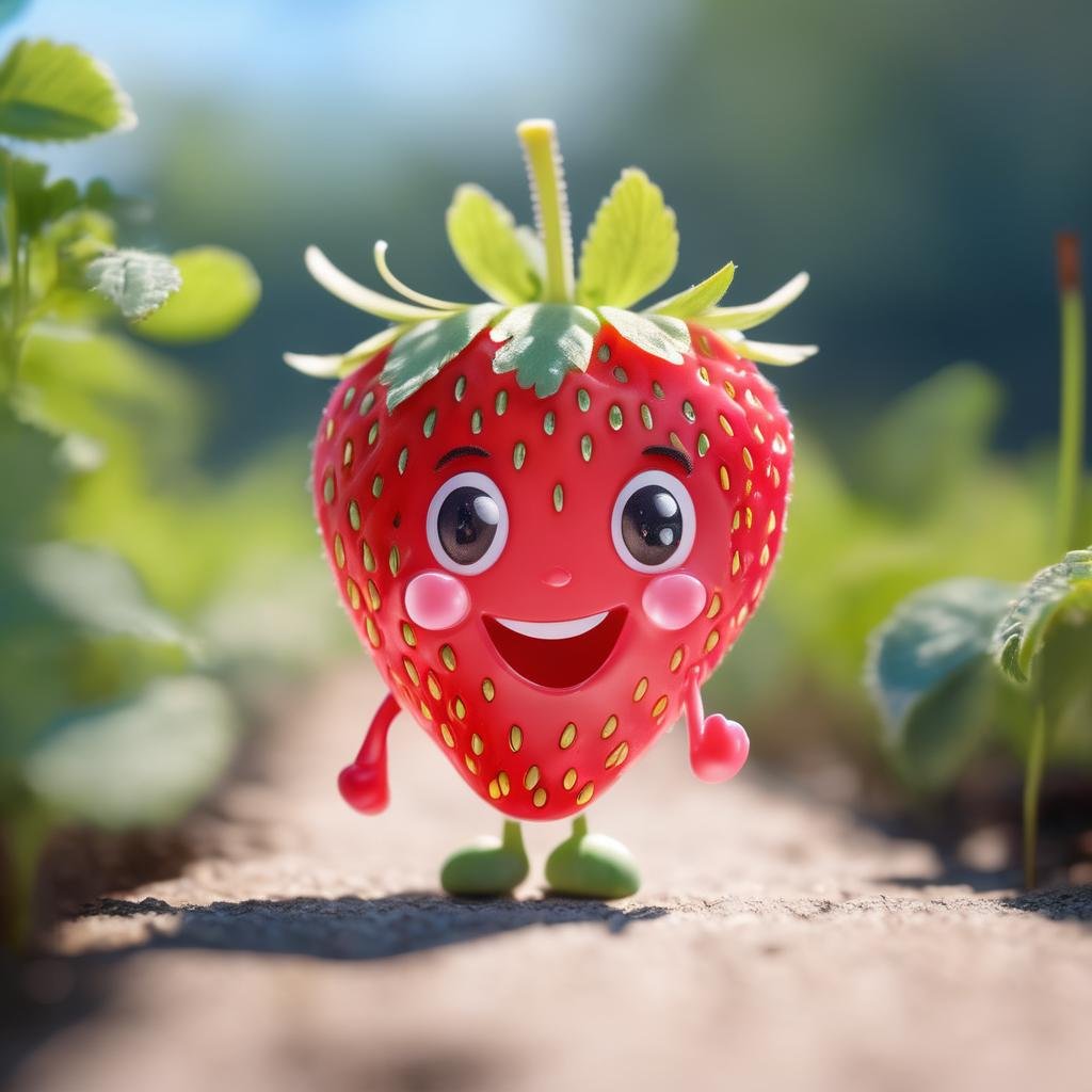 Smiling Strawberry, Happy Eyes, Pastel Colors, Soft Texture, Larger-than-life, Sunny Weather, Frontal Perspective, CtFruitsRedmAF, <lora:CtFruitsRedmAF:1>