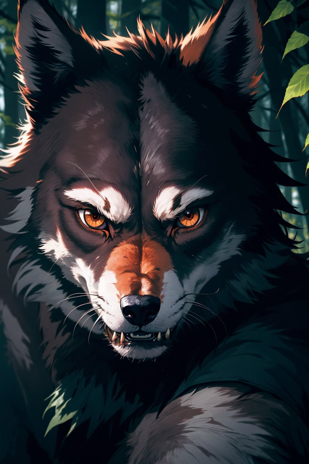  create photo realistic zombified alpha wolf looking and growling at viwer up close.nloodshed eyes, scary looking, intense mood, background of dark forest.high detailed, sharo focus