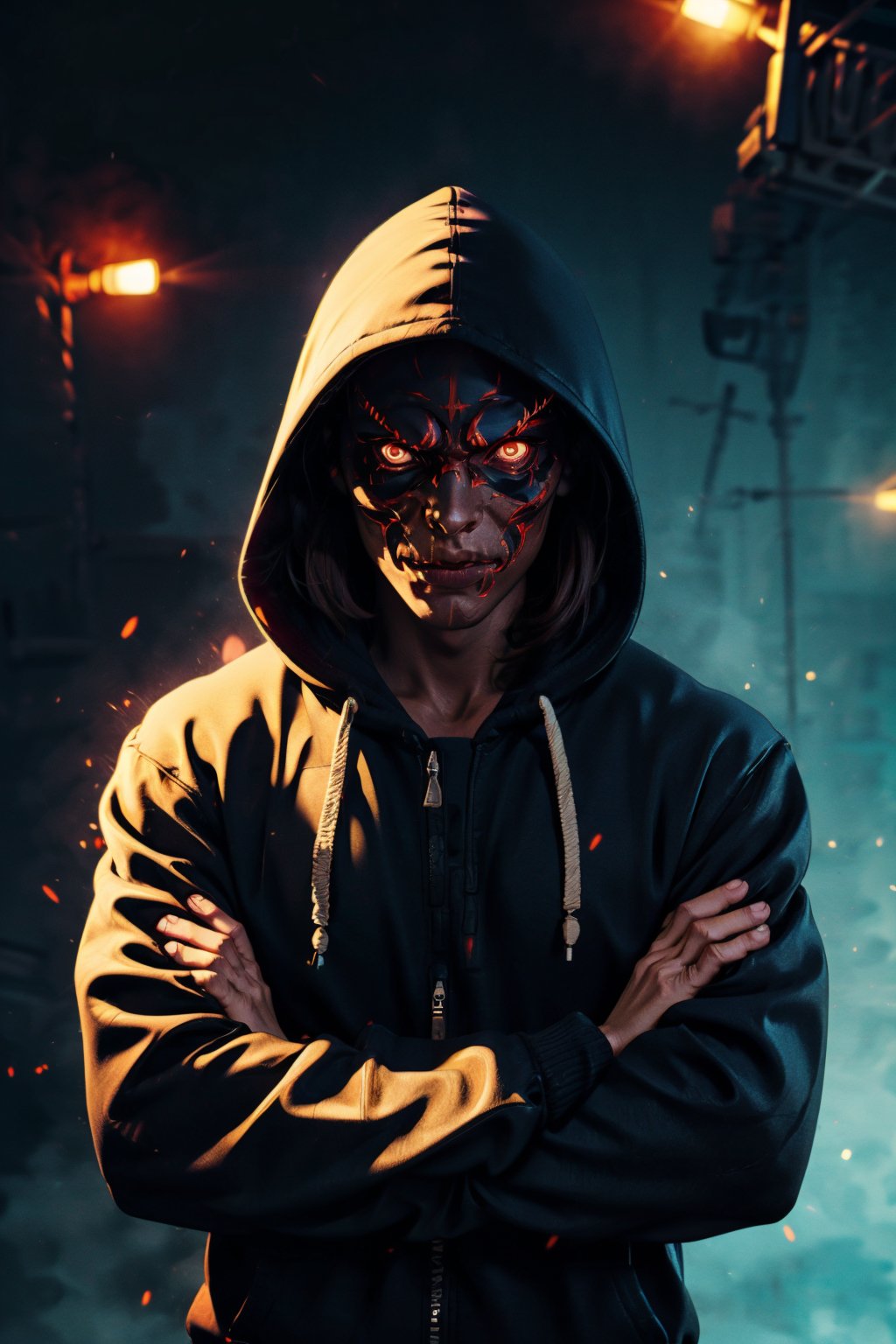 mask lights, hood, 1boy, male focus, hood up, hoodie, crossed arms, long sleeves, jacket, red eyes, holding