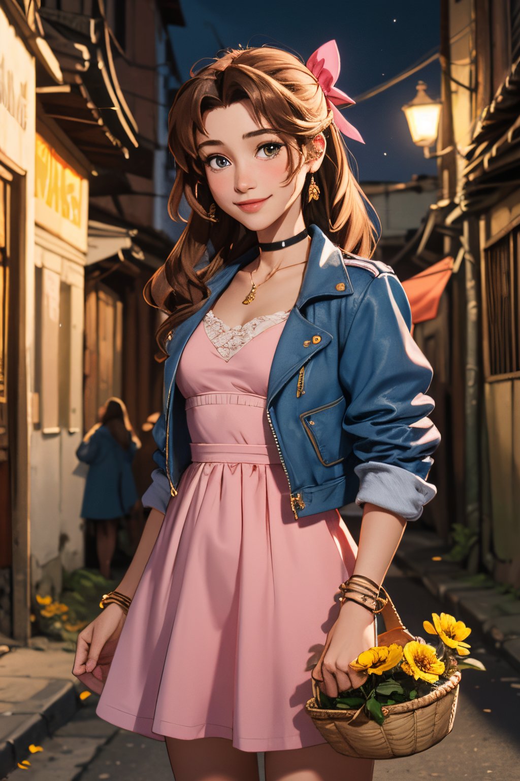 masterpiece, best quality, aerith gainsborough, choker, cropped jacket, hair bow, bracelet, pink dress, cowboy shot, looking at viewer, night, city streets, slums, smile, holding a yellow flower, basket of flowers,