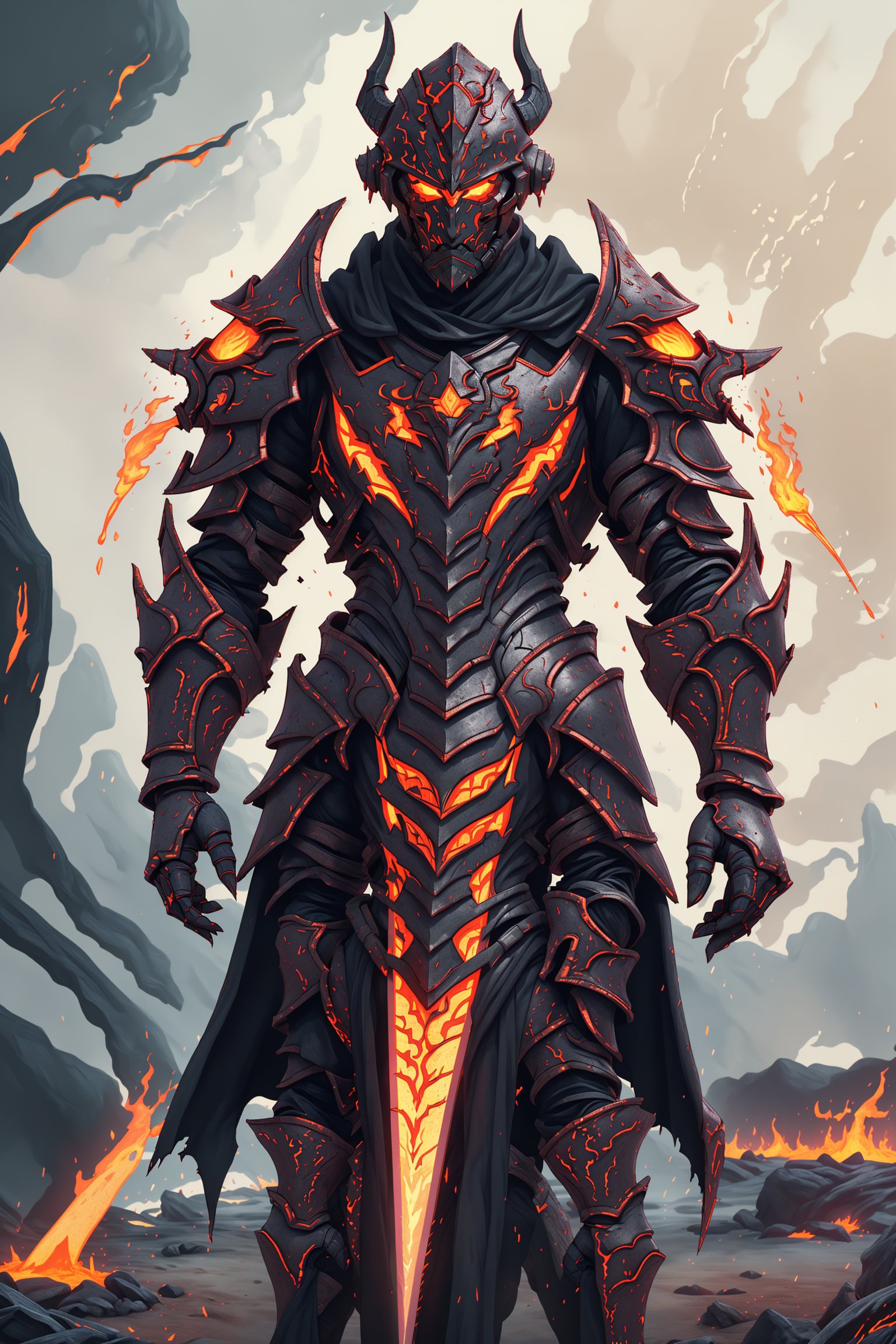 magma_knight, helmet, full_gear, long_blooded_sword, flame_aura_emitting, scorched_land, fantasy_armor, demon_helmet, looking_up, sad,