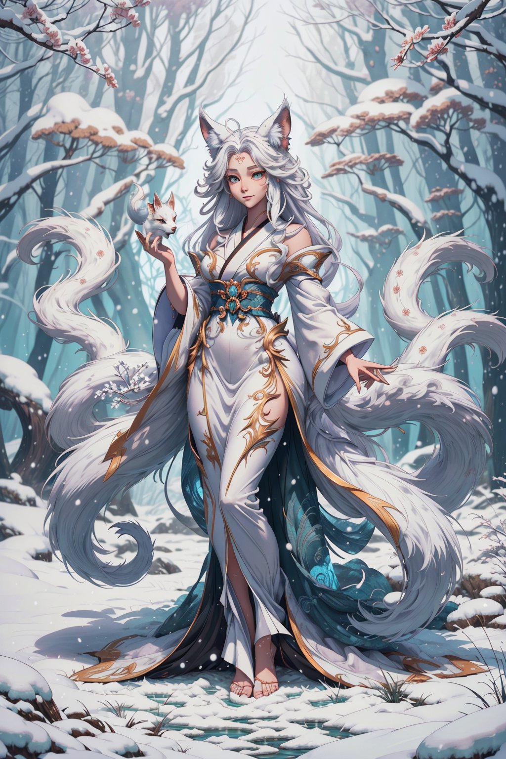 breathtaking, masterpiece, nine-tailed white fox, japanese art style, , majestic, bokeh, ink, art, no_human, complex background, beautiful tails,
n a serene and enchanted forest, a mesmerizing sight awaits those fortunate enough to catch a glimpse - a breathtaking white fox with a lustrous coat that gleams like freshly fallen snow under the gentle moonlight. Gracefully moving through the undergrowth, its elegant form captures the essence of ethereal beauty. But what truly sets this wondrous creature apart is its extraordinary nine tails, each one adorned with intricate patterns that seem to tell ancient tales of mythical wonders. With every swish of those magnificent tails, an enchanting aura of magic surrounds the fox, captivating all who behold its splendor. As the embodiment of purity and allure, the white fox with its resplendent nine tails is a living testament to the wonders of nature's creativity and brilliance.,chaosmix,fantasy00d