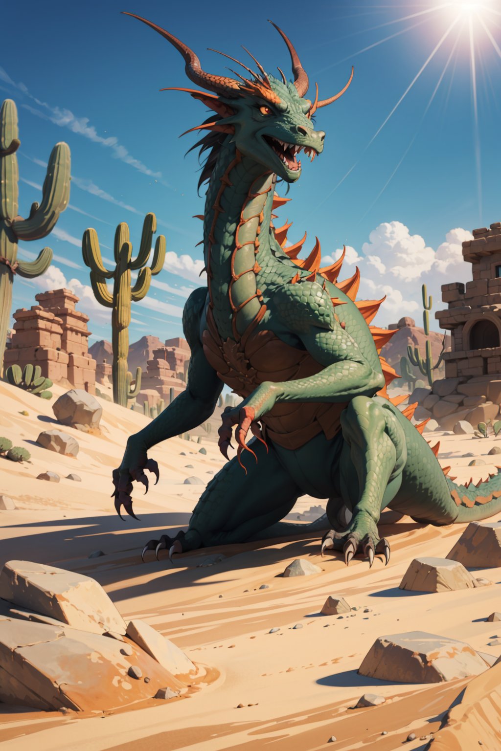 (masterpiece), best quality, high resolution, highly detailed, detailed background, cinematic light, 1 boy, background (sunshine , desert, cactus, big stones in the way, sand, big dragon ),fantasy00d, tentacles 