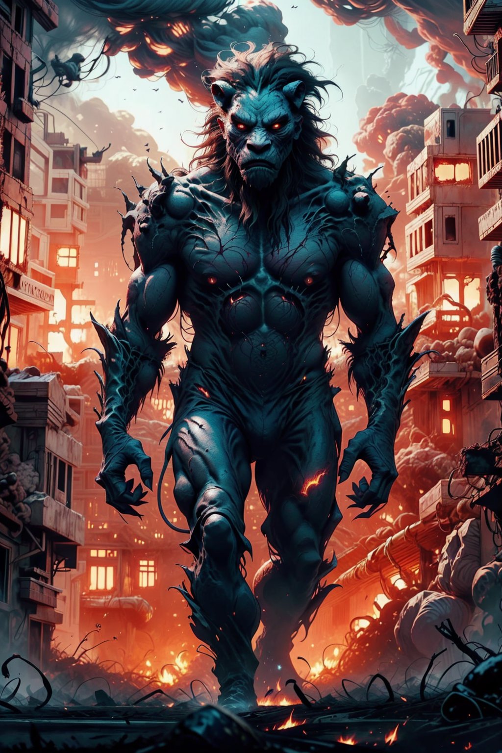  create a lion humanoid monster walking in burning city, strong, terrifying , bloodlust,futuristic vibe.,scary, dark colours , perfect lighting..high detailed, sharp focus,more detail XL,monster,Style_SM,fantasy00d