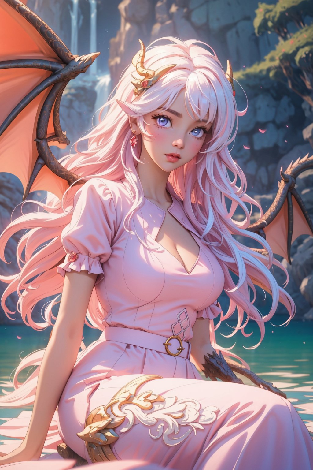 masterpiece, 1 girl, Extremely beautiful woman sitting at the edge of a lake with very large glowing dragon wings, glowing hair, long cascading hair, white hair, crimson dress with white skirt, dawn, full lips, hyperdetailed face, detailed eyes, dynamic pose, cinematic lighting, pastel colors, perfect hands, dragon girl, girl with dragon wings, dark fantasy