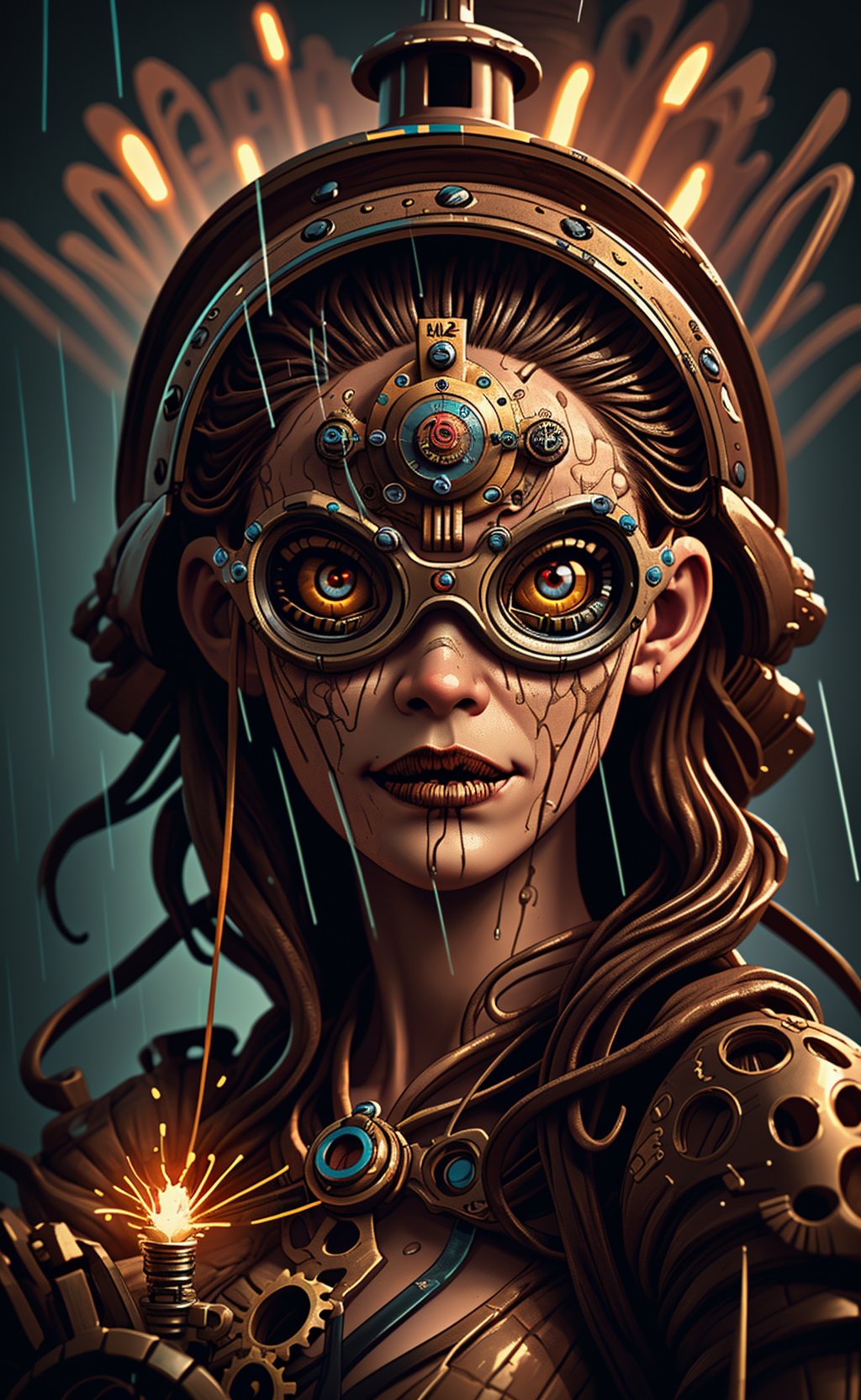 Jack o 'Lantern,olpntng style, high quality steampunk portrait of the woman called Goddess Time with a clock for a head played by Sam Elliott, clock goggles, amazing background, by tomasz alen kopera and peter mohrbacher, dripping sparks, rain, sharp focus, clear, vibrant, denoised, intricately detailed, amazing clock, 32k, steampunk clock render engine, oil painting, heavy strokes, paint dripping,HZ Steampunk,dashataran,3d style,perfecteyes,dark,