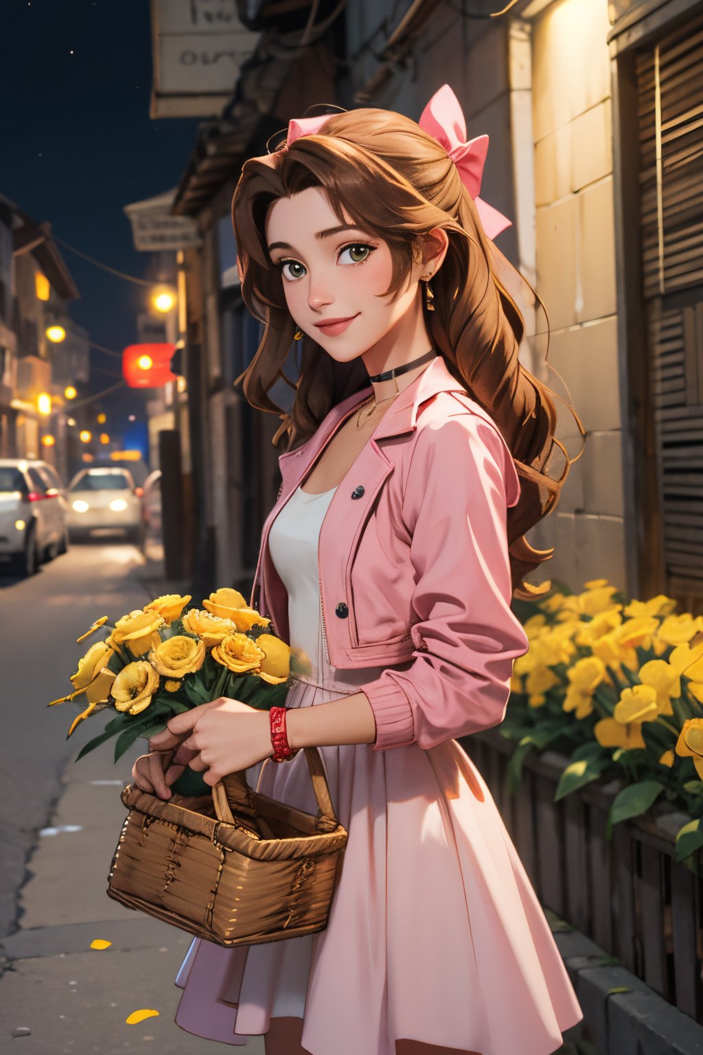 masterpiece, best quality, aerith gainsborough, choker, cropped jacket, hair bow, bracelet, pink dress, cowboy shot, looking at viewer, night, city streets, slums, smile, holding a yellow flower, basket of flowers,