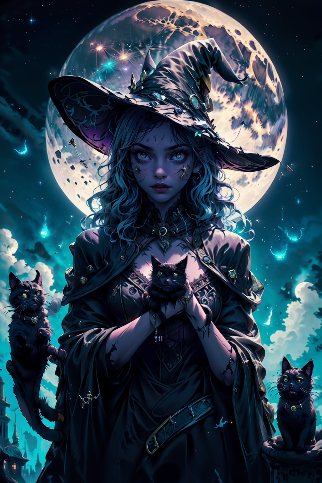 (masterpiece:1.5), (best quality:1.5), (photorealistic:1.3), amazing, 32k wallpaper, intricate details, hyperrealistic, epic, HDR, , 1girl, long hair, (holding a black cat:1.5), looking away from viewer, jewelry accessories, upper body, glowing, glowing eyes, cloak, body aura,  purple theme, witch, witch_hat, Halloween, pumpkins, night, moon, night sky, bats, EpicGhost,Moon Witch,fantasy00d