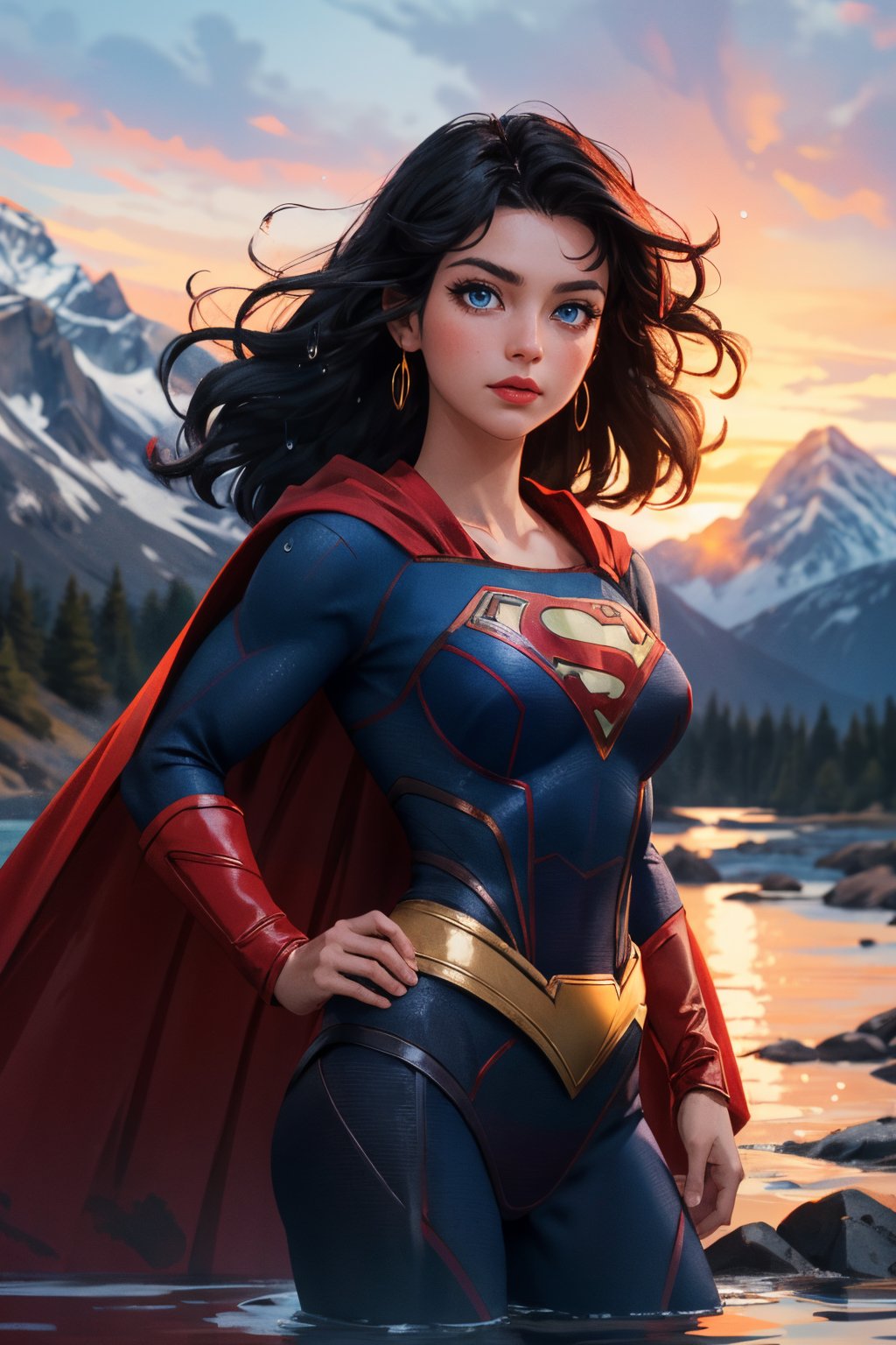 Masterpiece,high quality, Ultra HD, high detailed, supergirl, black costume, water drops on skin, colors dancing in the background, 4k, 8k, top lighting, mountain range background, long flowing black hair, large muscles, cute face, red cape, blue eyes, gazing into the camera ,More Detail