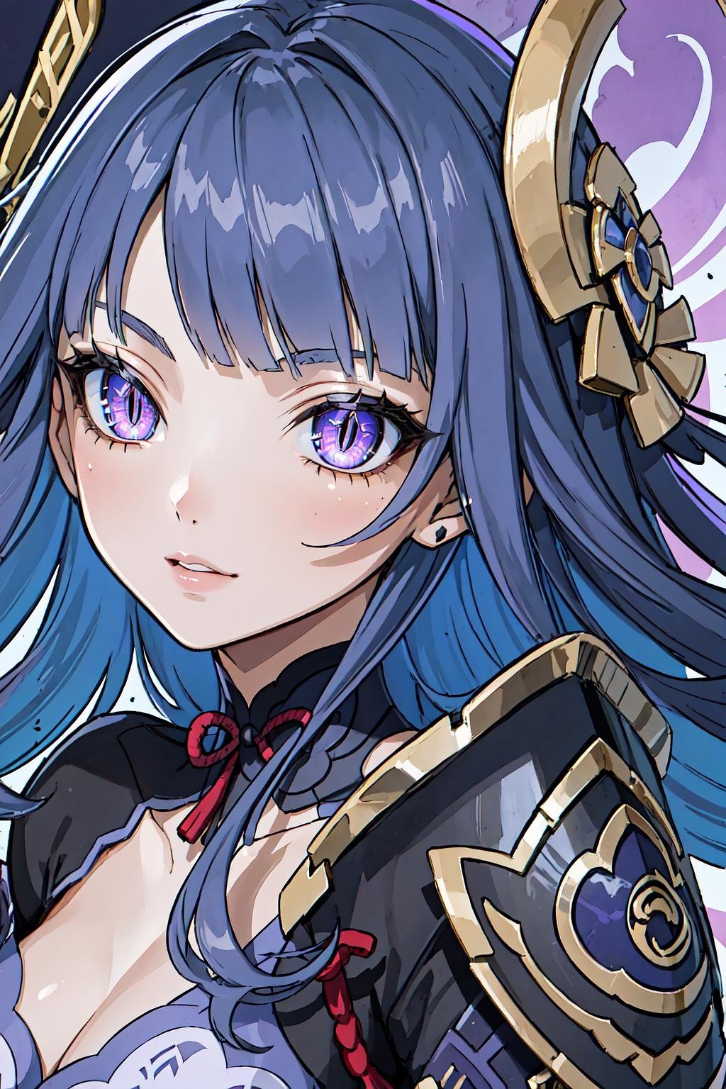 High Quality, Masterpiece, 1girl, slit pupils, IncrsSlitPupil, <lora:SlitPupils:1>, Raiden_Shogun_\(genshin impact\), Raiden_Shogun:1.2, blue hair, long hair, <lora:Char_GenshinImpact_RaidenShogun:0.8>