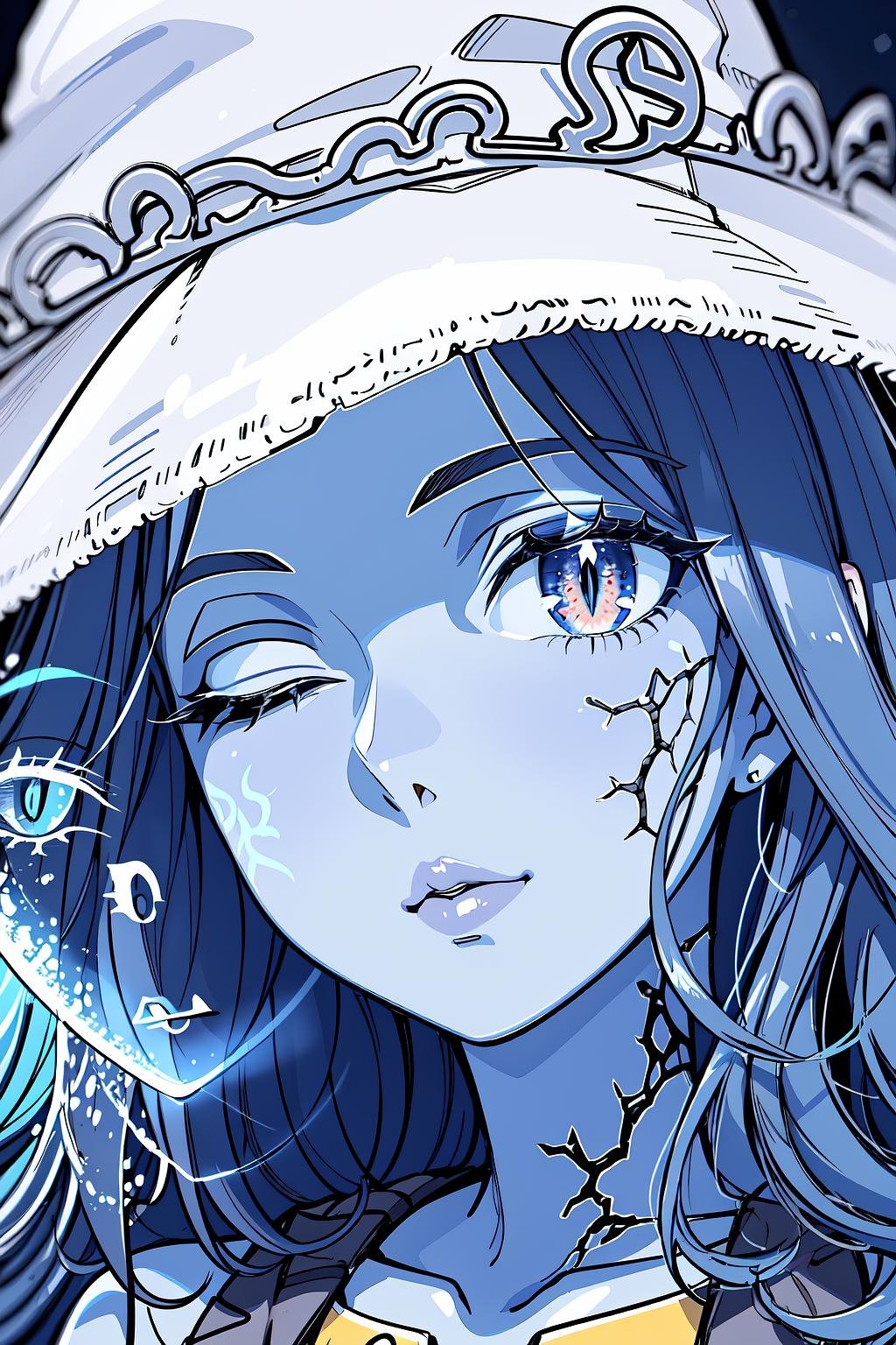 High Quality, Masterpiece, 1girl, slit pupils, IncrsSlitPupil, <lora:SlitPupils:1>, <lora:RanniV4LoRA:0.8>, IncrsRanni, wavy hair, cracked skin, colored skin, blue skin, extra faces, hat, one eye closed, 