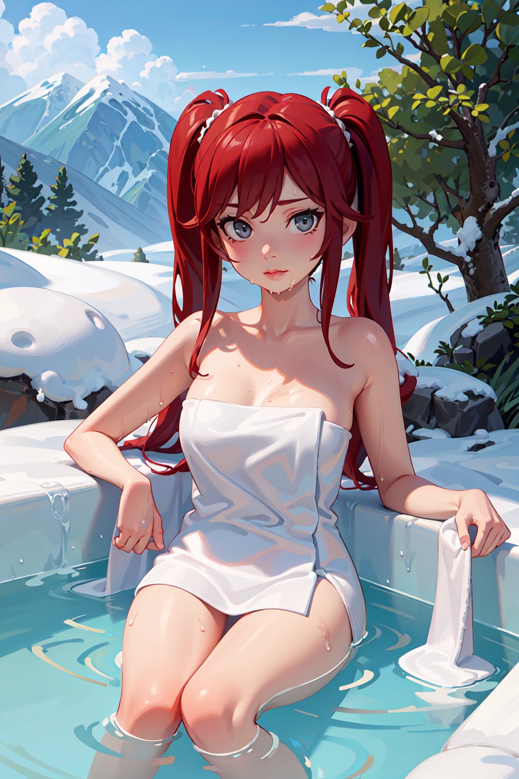 (super detailed), (beautiful background, detailed background),One girl, hot spring, open-air bath, wooden bath, (wrapped with bath towel: 1.5), sitting, (wet: 1.2),(nude: 0.5), red, Twintails hair. grey eyes, chest, looking at viewer, tree, sun, underwater, wet, sky, naked, building, medium chest, closed mouth, landscape, outdoor , sky, sun, clouds, blue sky, snowy mountains, steam, horizon, lips, realistic, , , (stink eye:0.5), snow-capped mountains Overlooking the top of the hill,