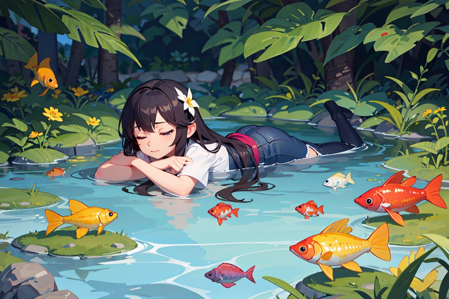 (super detailed), (beautiful background, detailed background),One girl, lying on the water, eyes closed, relaxed, fish around, weeds