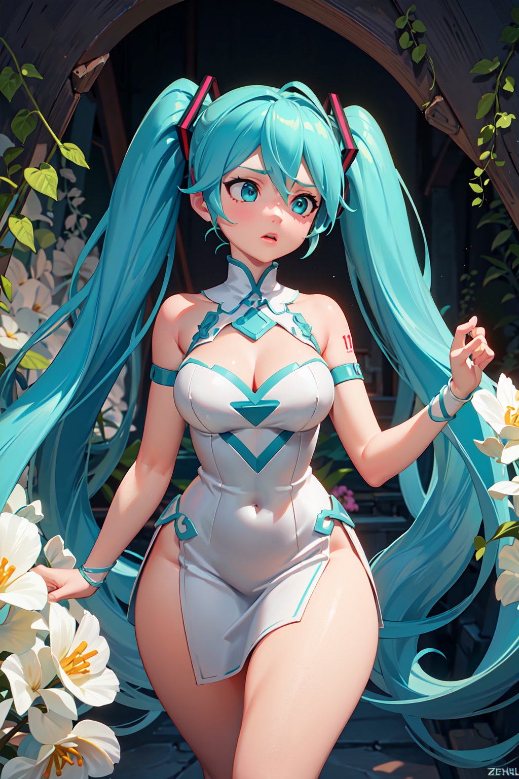 (Cinematic lighting:1.2) Within a dark cave with an opening at the top, zenithal lighting, bright plants gently illuminating the surroundings with a green hue, thick thighs, wide hips, mature female, (dramatic light:1.3), woman, hatsune miku, solo, dress, flower, long hair, white dress, twintails, very long hair, hol