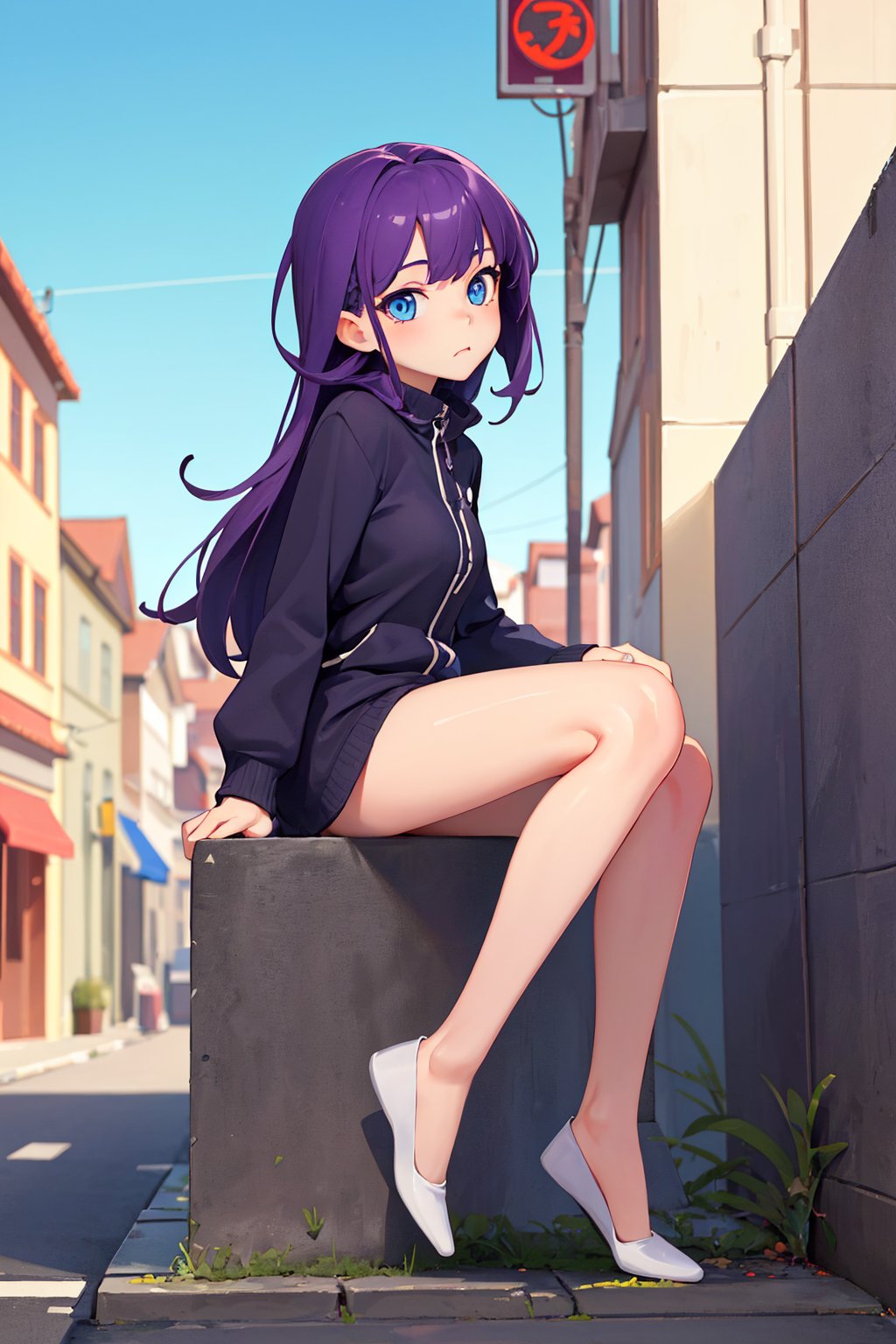 (masterpiece, best quality, highres:1.1), ultra resolution image, (1girl), (solo), purple hair, blue eyes, cute, kawaii, full body, on street, against_the_wall, blue sky, sitting, from side