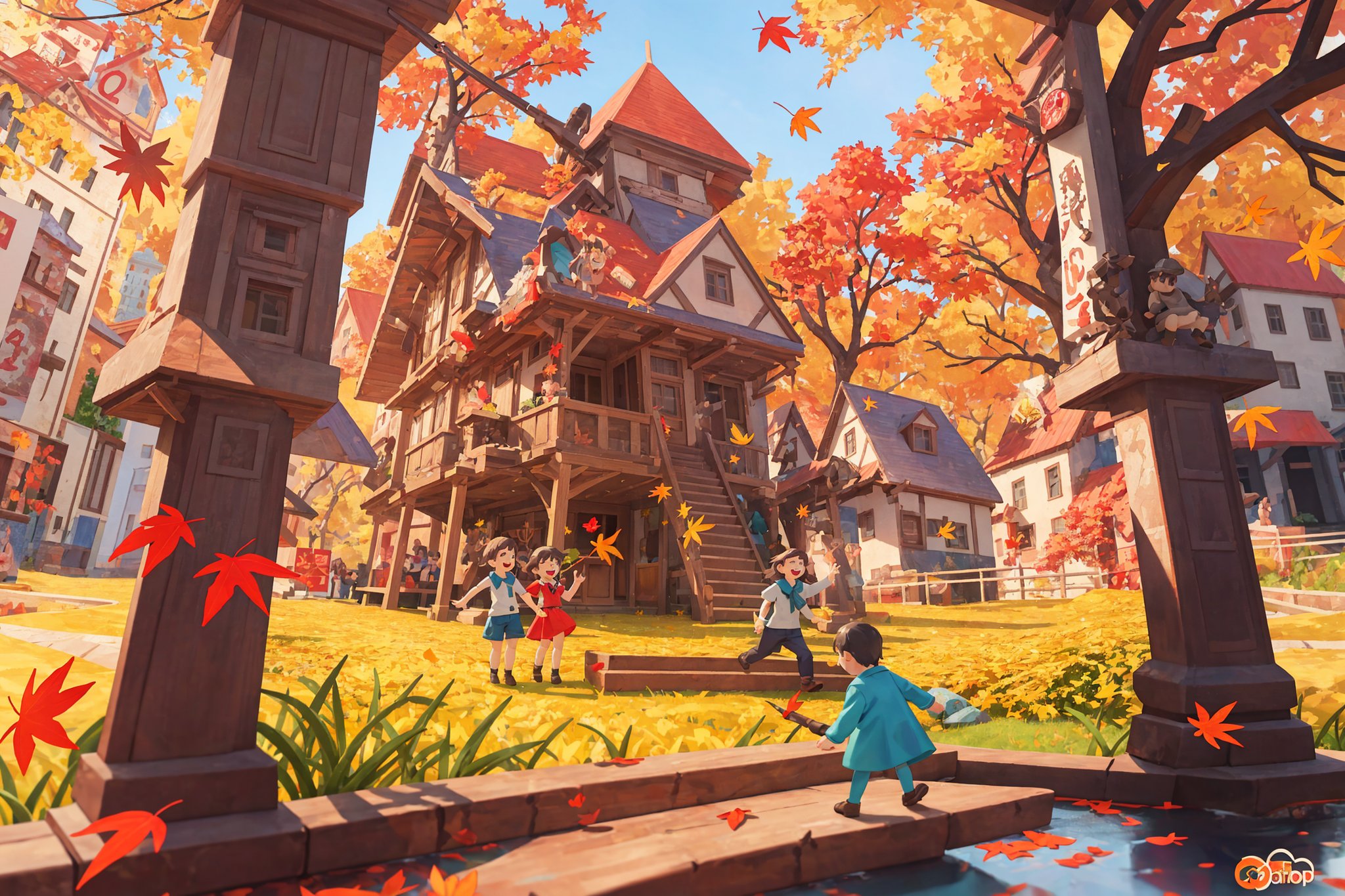 there is something to see, Amazing illustration, beautiful little city, (crowded:0.4) town, 3d render, kids illustration, masterpiece, detailed, perfect clarity, (cars:0.5), happy mood, nature, yellow leaves,Story book, contrast, wallpaper,Story book ,3d style, autumn,More Detail
