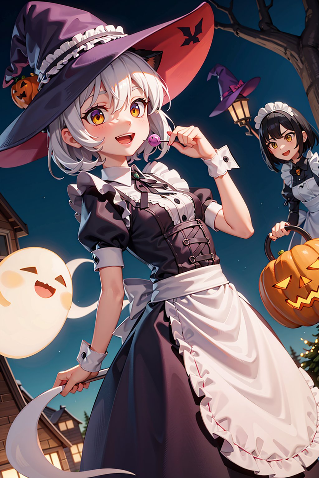 (masterpiece), (ghost:1.2), dutch angle, halloween, night, town, (witch hat:1.2), halloween, sweets, candy, candy cane, (ghost:1.2), (multiple girls, 2girls:1.2), silver hair, purple eyes, medium hair, sidelocks, multicolored hair, maid apron, BREAK (black hair:1.05), cat ears, smile, open mouth, (maid headdress:1.2), (yellow eyes:1.06)