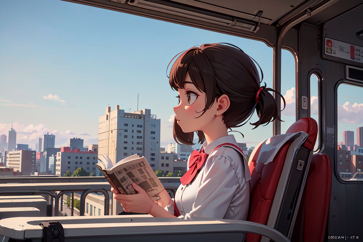 (super detailed), (beautiful background, detailed background),1 girl, beautiful, alone, (establishing shot: 1.5), (side view: 1.5), on a bus, reading