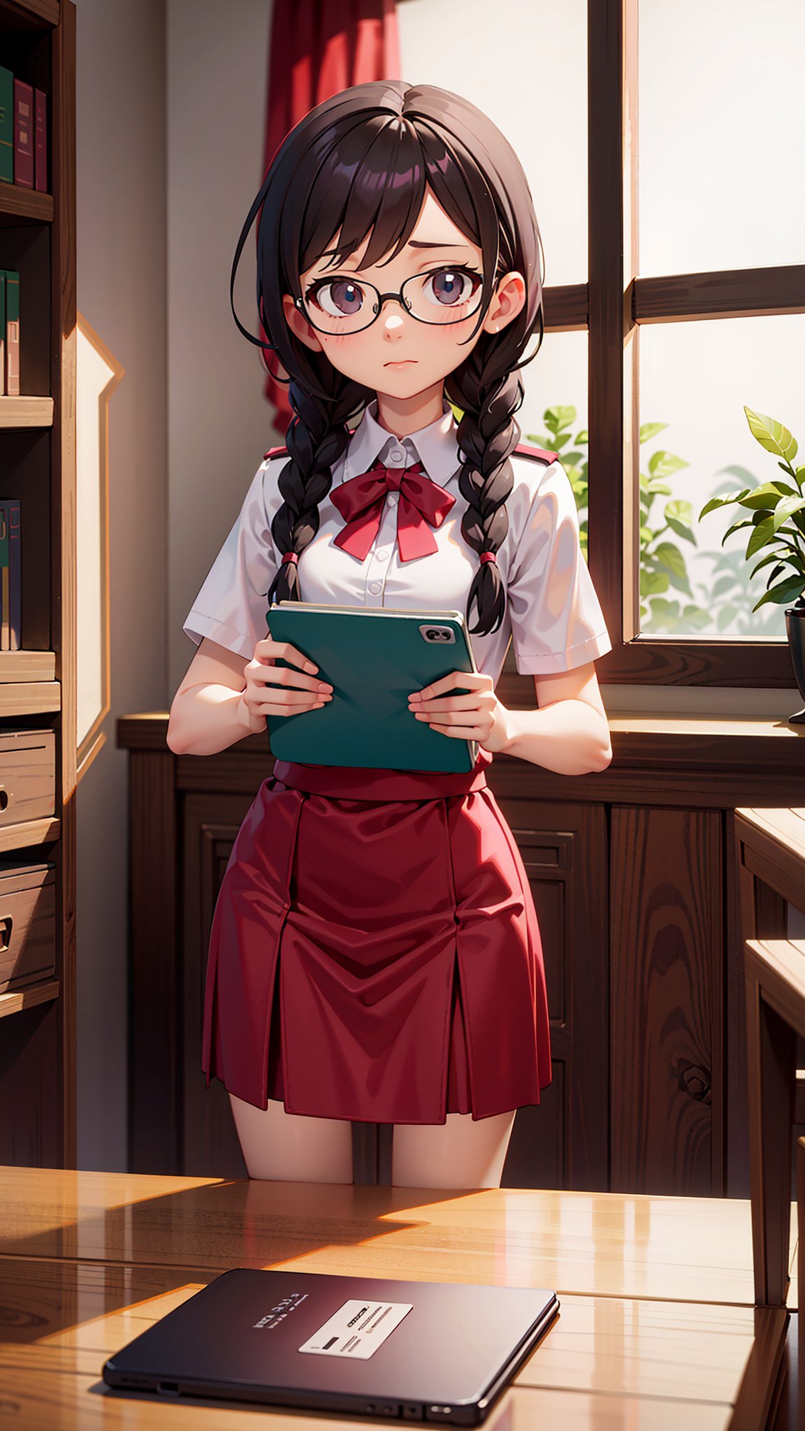 (masterpiece), best quality, high resolution, highly detailed, detailed background, perfect lighting, The student council girl with twin braids and glasses