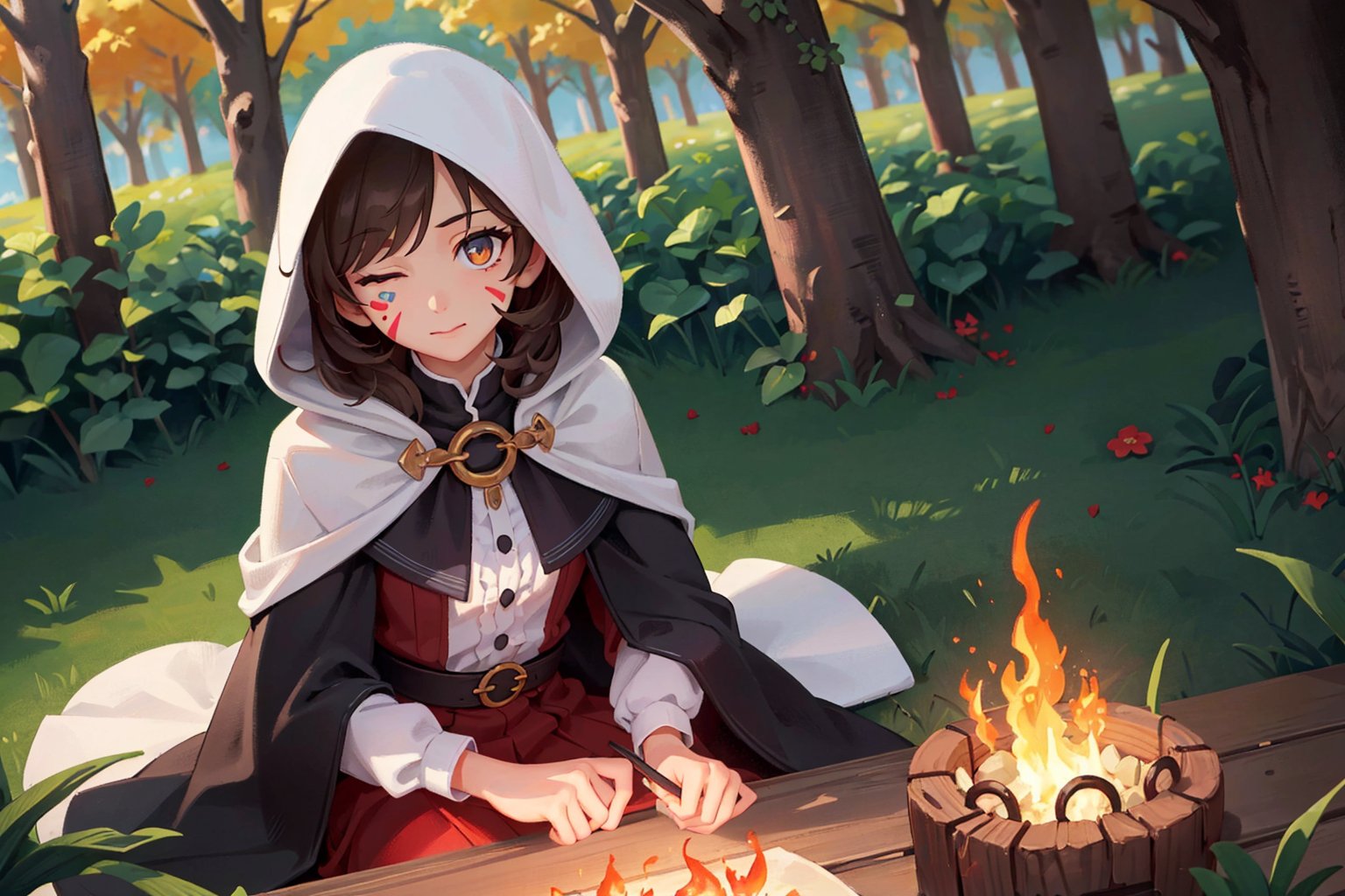 realistic:1.8, masterpiece:1.8, highres:1.8, 1 girl, solo, looking at viewer, sitting, melina \(elden ring\), facial mark, medium hair, o-ring, one-eyed, one eye closed, finely detailed beautiful eyes:1.8, cloak, hooded cloak, forest, bonfire, film grain, light brown hair, orange eye, facial tattoo