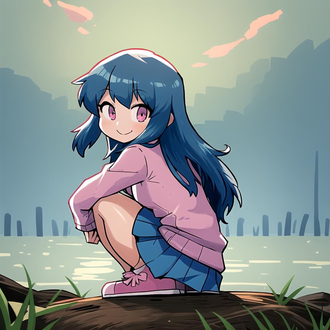 masterpiece, best quality, 1girl, solo, blue hair, long hair, smile, outdoors, pink eyes, pink shirt, long sleeves,  <lora:RariattoStyle:0.9>, hands behind back, sweater, closed mouth, blue skirt, white socks, squatting, pink footwear, 