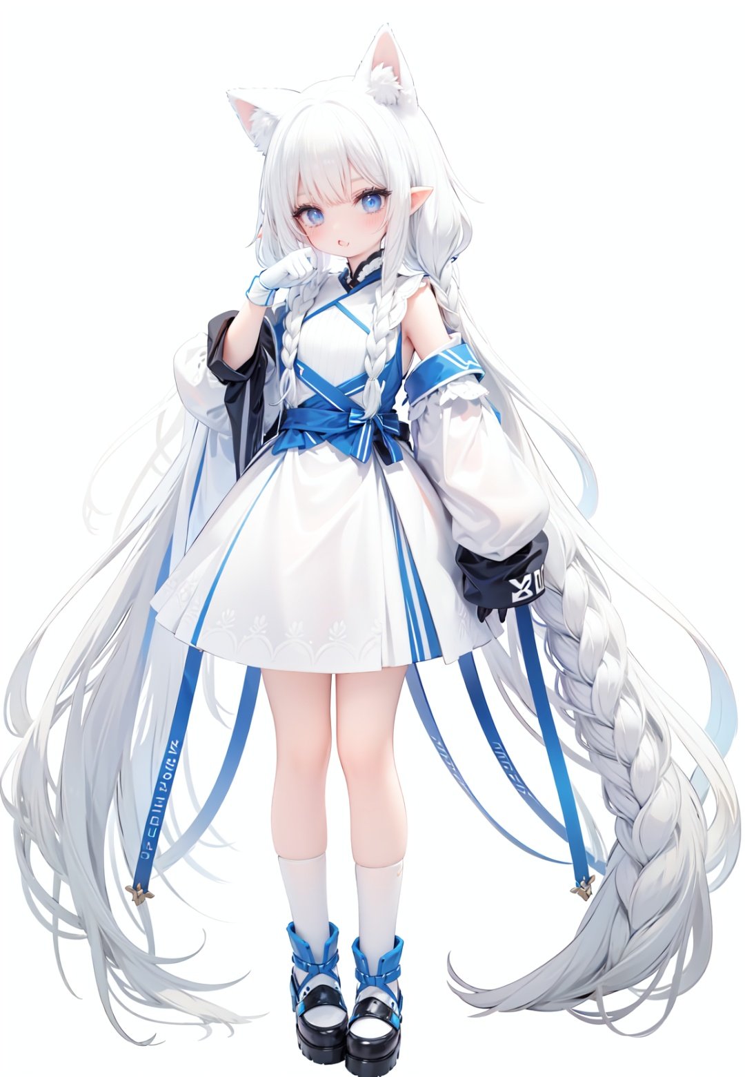  1girl, white_gloves, braid, full_body, gloves, long_hair, official_alternate_costume, pointy_ears, simple_background, solo, standing, very_long_hair, white_background, white hair, blue eyes, paw claw pose, open_mouth