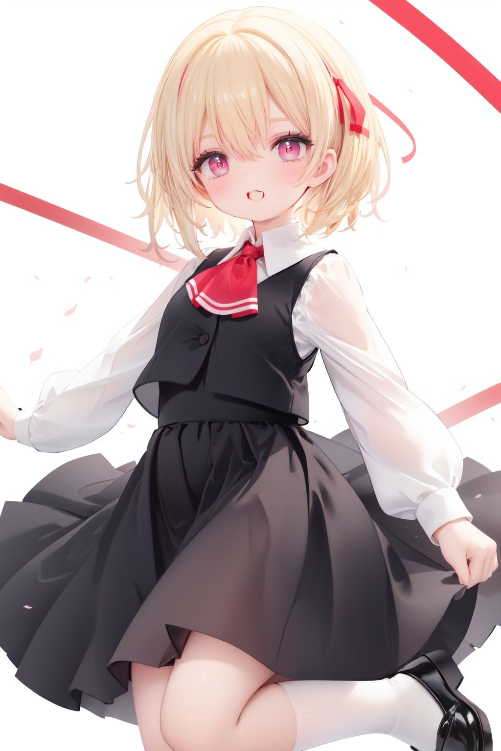  1girl, rumia, blonde hair, solo, white background, red eyes, red footwear, simple background, ascot, short hair, ribbon, open mouth, hair ribbon, smile, long sleeves, shirt, looking at viewer, red ascot, white socks, white shirt, red ribbon, shoes, socks, frills, bangs, outstretched arms, hair between eyes, skirt, :d, dress, vest, mary janes, black dress, black skirt, collared shirt, black vest, blush