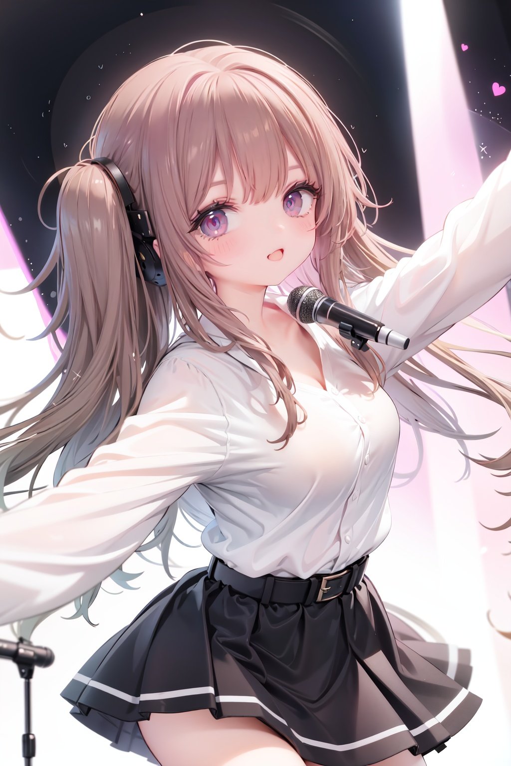  1girl, solo, microphone, smile, skirt, blush, brown eyes, long hair, open mouth, looking at viewer, brown hair, long sleeves, :d, shirt, bangs, belt, breasts, pink shirt, outstretched arm, music, black belt, medium breasts, holding microphone, singing