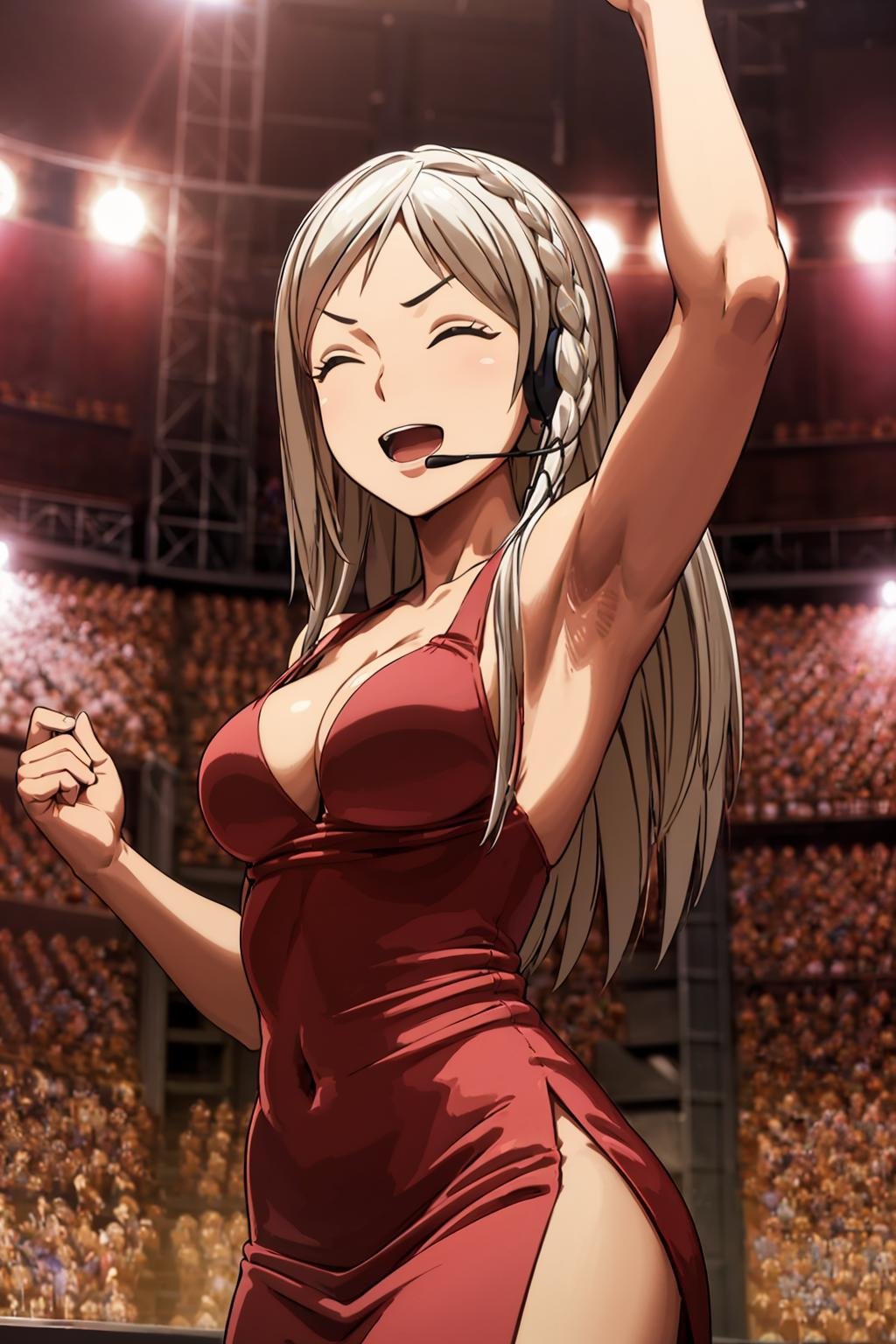 masterpiece, best quality,Katahara_S, 1girl,solo,dark skin,looking at viewer,smirk, red dress,cleavage,medium breasts,armpits,headset,^^ ,closed eyes. open mouth,stage, concert, audience,blurry background,dynamic angle  <lora:Katahara_Sayaka-07:0.7>