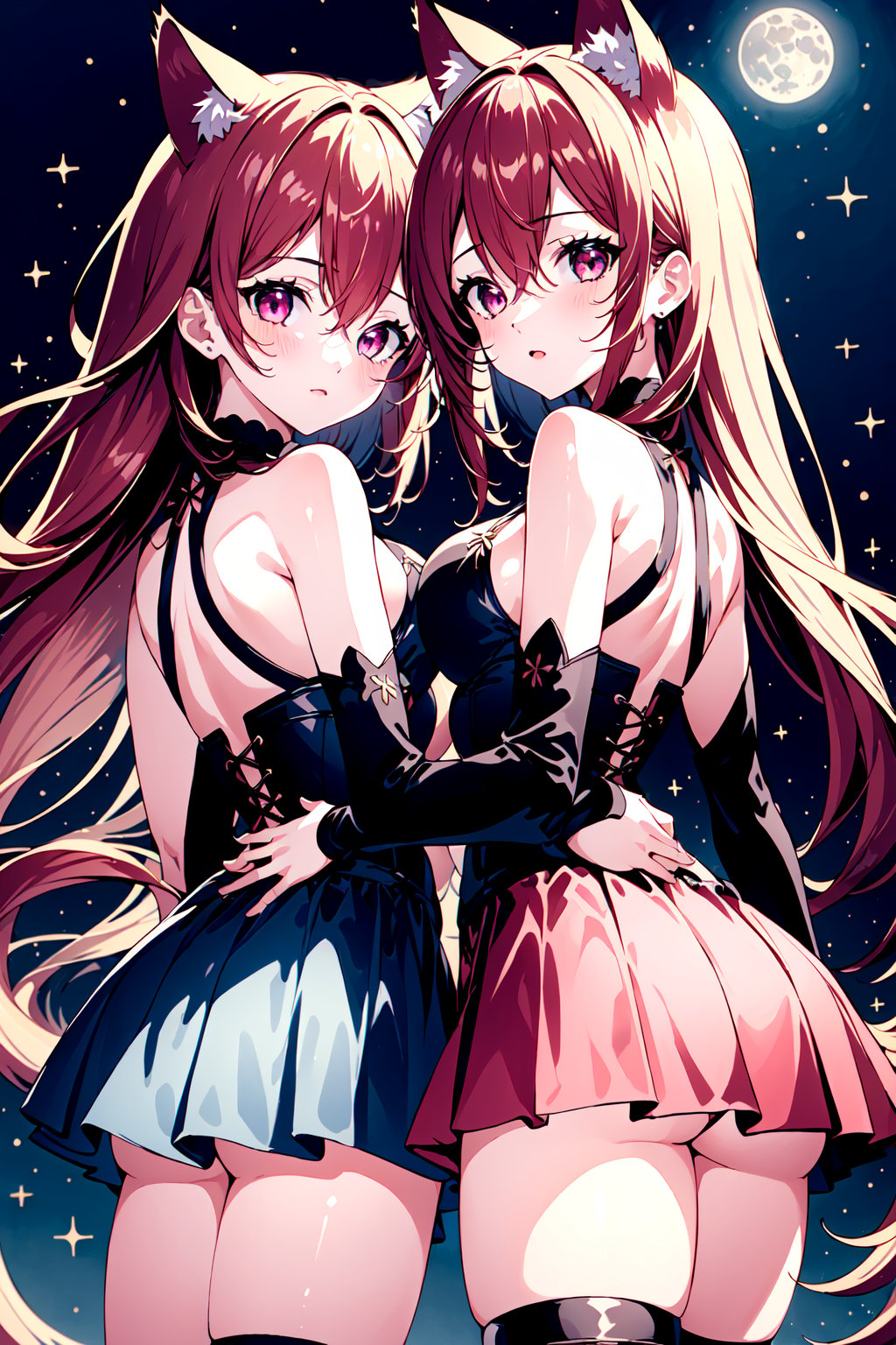 (2girls:1.775), (cat girls:1.5), cat ears, cat tail, long hair, breasts, looking at viewer, bangs, skirt, skirt lift with hand, shirt, hair ornament, thigh highs, hair between eyes, bare shoulders, medium breasts, pink hair, blue hair, ass, pleated skirt, thong, sleeveless, looking back, black thigh highs, miniskirt, corset, orange eyes, glowing eyes, from back, black footwear, white shirt, thigh strap, floating hair, one side up, pink skirt, knee boots, toned, cowboy shot, moon light background,

UHD 16k, masterpiece, very high definition, more contrast, high contrast, (best quality:1.75), (ultra detailed:1.5),