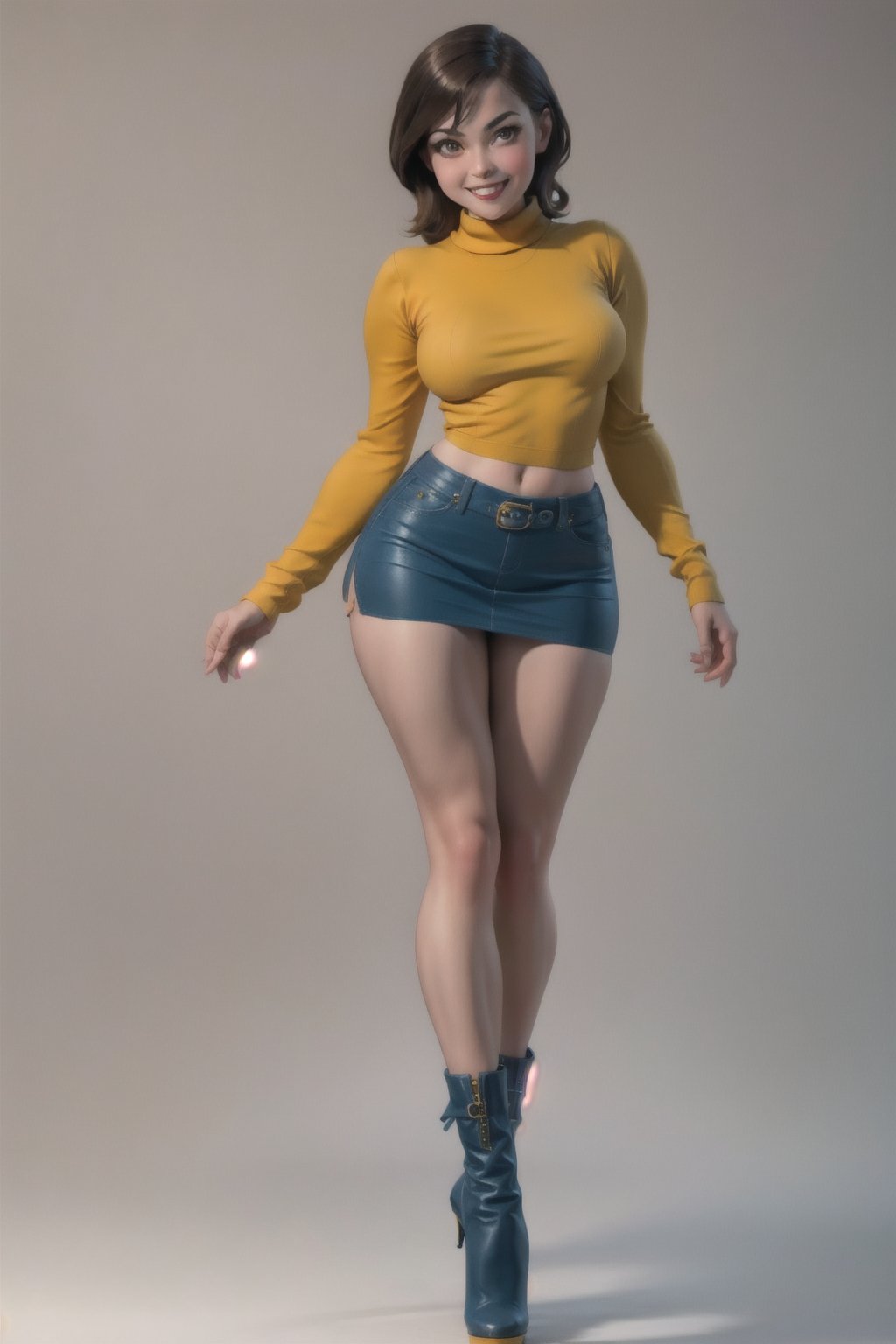 masterpiece,  best quality,  full body,  1girl,  blue miniskirt,  yellow sweater,  looking at viewer,  smiling,  high heels,  high boots,  ponnytail,  pin up pose,  vintage kitchen, <lora:EMS-78939-EMS:0.800000>